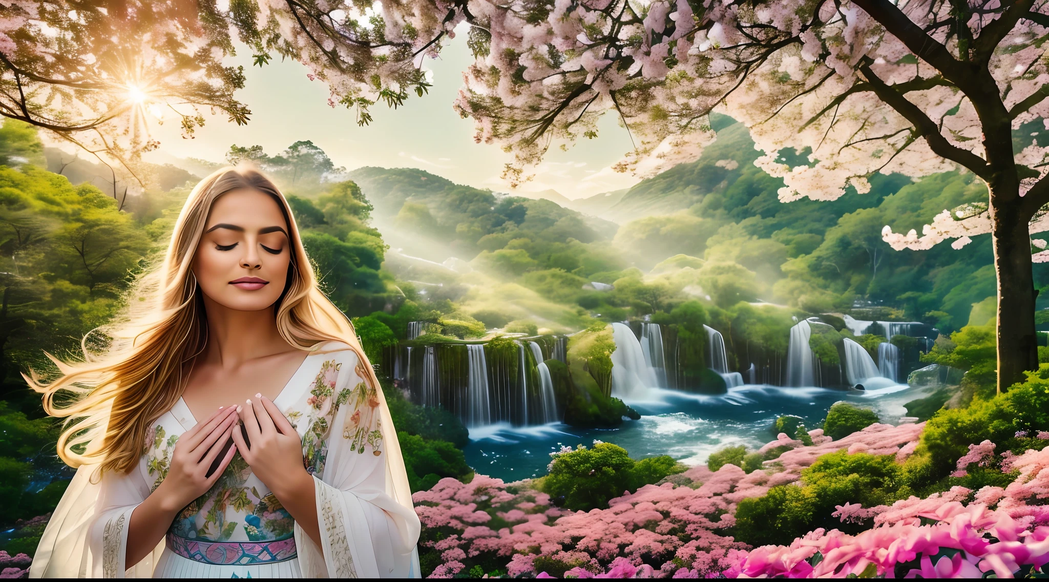 Por favor, Create an image of a blonde woman with an angelic and stunning appearance, Lying in a magical setting surrounded by a profusion of flowers. She's lying with her eyes closed, emanating a sense of serenity. The environment around you is enchanted, with meticulously rendered details in stunning 8K resolution. As flores ao seu redor formam um tapete colorido e exuberante, each petal and leaf shining with realistic details. Soft rays of light filter through the imaginary trees, creating a play of shadows and light that adds depth to the scene. The woman is dressed in an ethereal robe that seems made of light and shadows, his calm expression and a soft smile on his lips. Butterflies dance in the air, como se encantadas pela cena, and small birds rest in the branches of nearby trees, criando um quadro de harmonia com a natureza. No horizonte distante, vislumbram-se picos de montanhas cobertas de neve, adding a majestic touch to the scenery. The sky is a soft mix of pastel colors, do rosa ao azul, criando uma atmosfera de sonho. This image is an invitation to contemplation, conveying a sense of deep peace and tranquility, As if time was suspended in this magical moment."