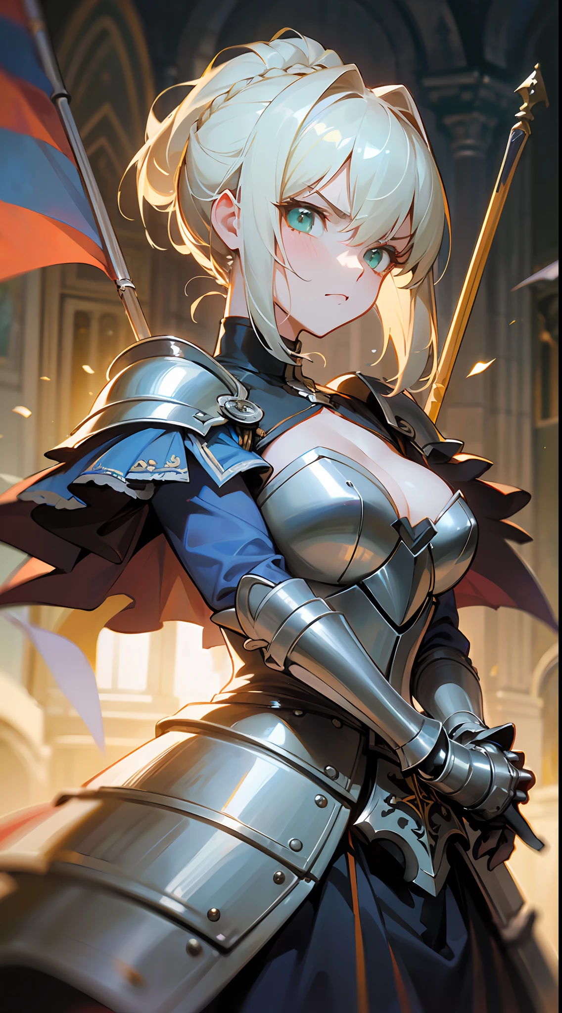 ((Best quality, 8K, Masterpiece: 1.4)),((Amazing detail: 1.3)),((illustration, Hairstyle Casual: 1.2)),((High resolution: 1.1)), 1girl, Artoria Pendragon, silver armor, green eyes, flag, holding flag, medieval, Victorian, divine, saber(Fate/Grand Order), chignon, golden hair, Combat posture, soft light, cinematic lighting, chiaroscuro, angry, amazing painting art,