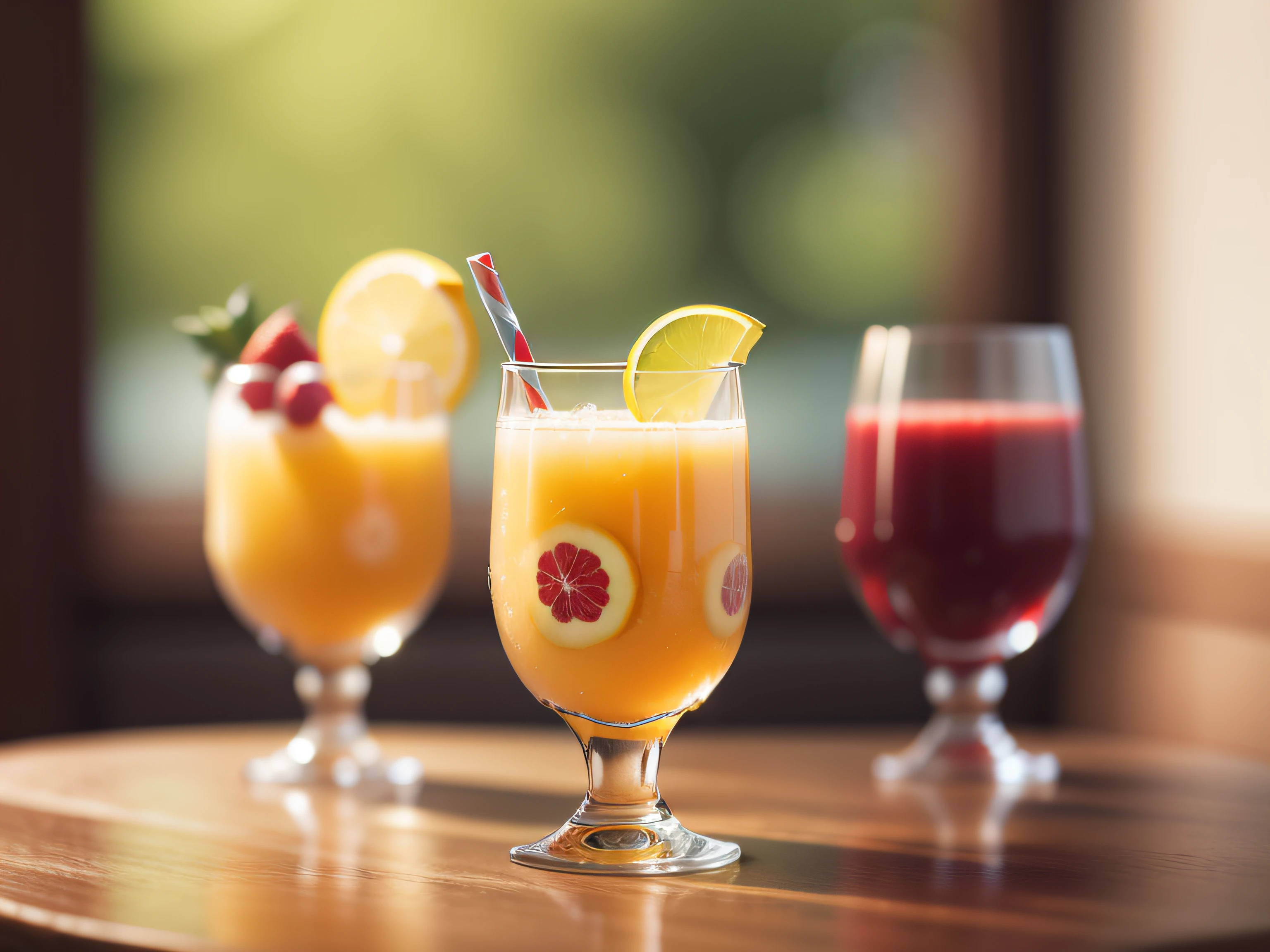 fruits、Glass Cups、fruit juice、No humans、kitchin、depth of fields、(blurry backround))、 ​masterpiece、top-quality、The ultra-detailliert