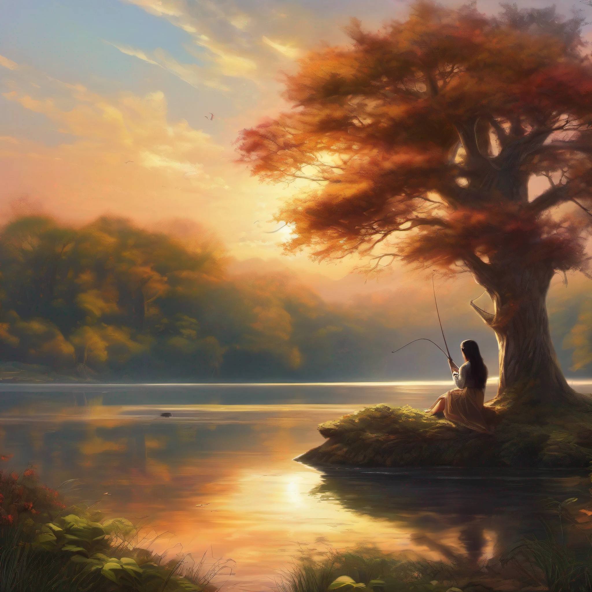 (melhor qualidade, obra-prima) A beira de um lago tranquilo, surrounded by majestic trees, uma mulher pescando, em um estilo de pintura digital exuberante e encantador.