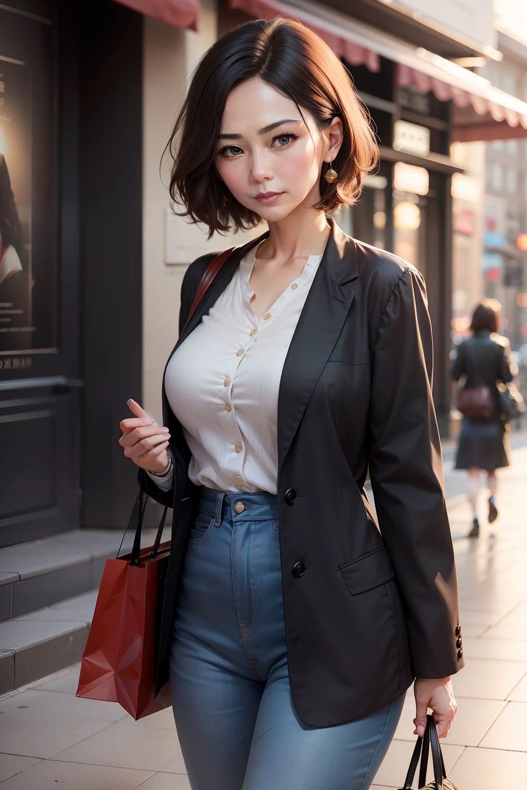 A mature woman who has fallen out of love，Although I was not happy, I was still very confident to go to the movies alone，The picture shows a positive and healthy state。The picture is warm in color。
