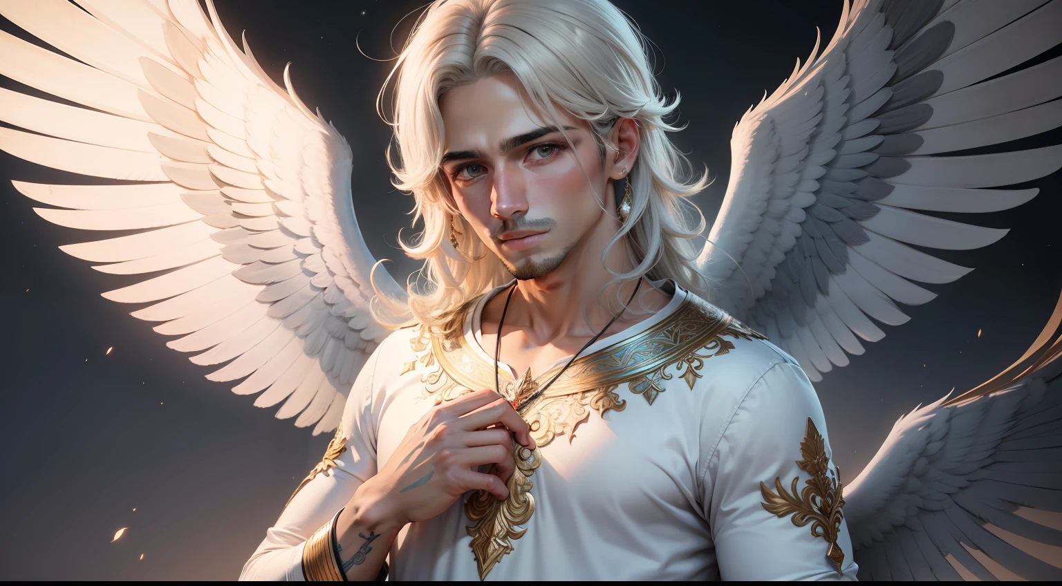 um anjo masculino, olhando pra mim, com as asas abertas, com aura resplandecente, usando roupas claras e ornamentadas, ultra high-resolution, universo de fundo, 8k, obra prima