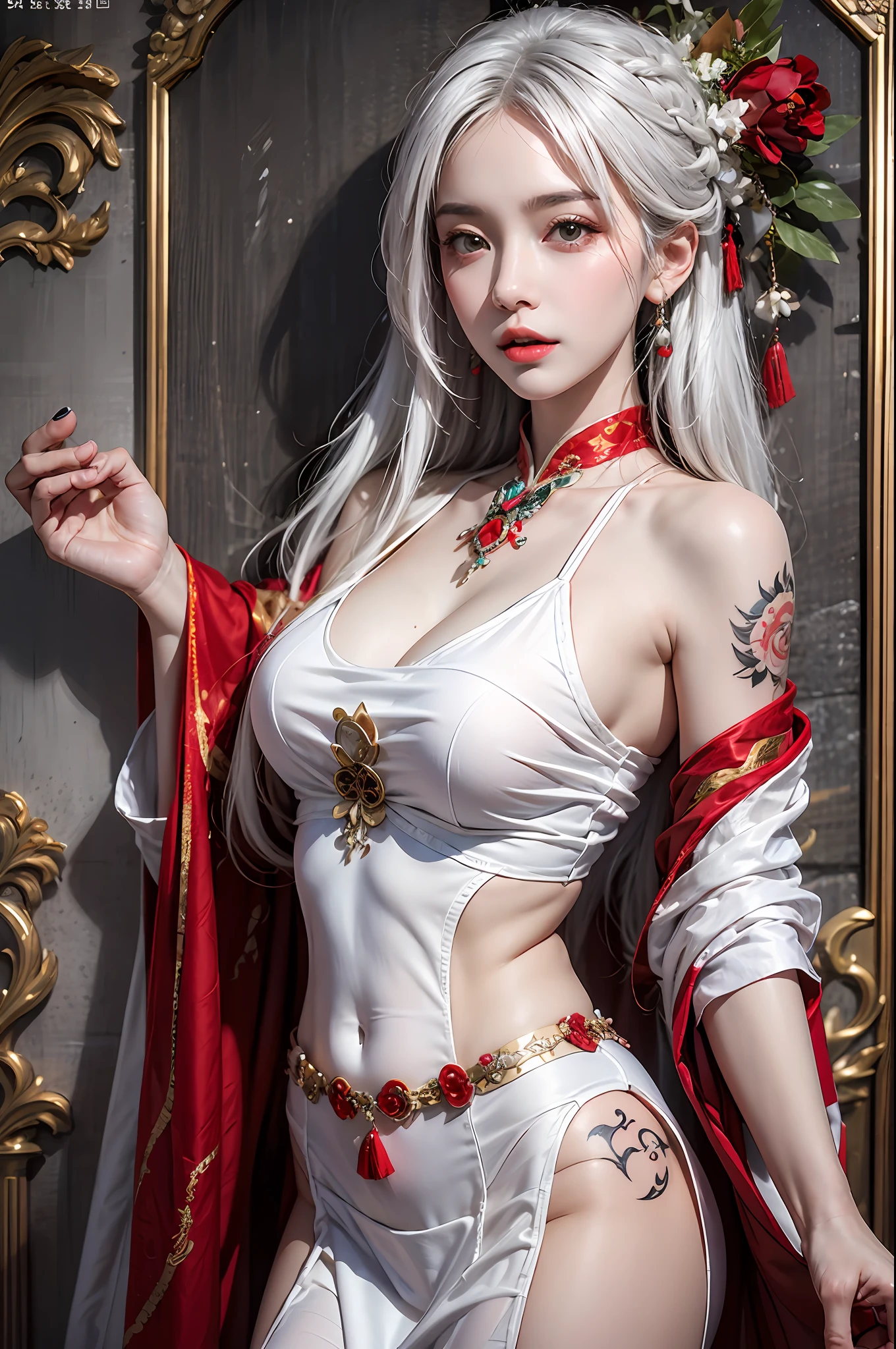 photorealistic, high resolution, 1women, solo, hips up, look at viewer, (detailed face), white hair, red wedding hanfu, full clothes, tattoo, chinese architectures, jewelry