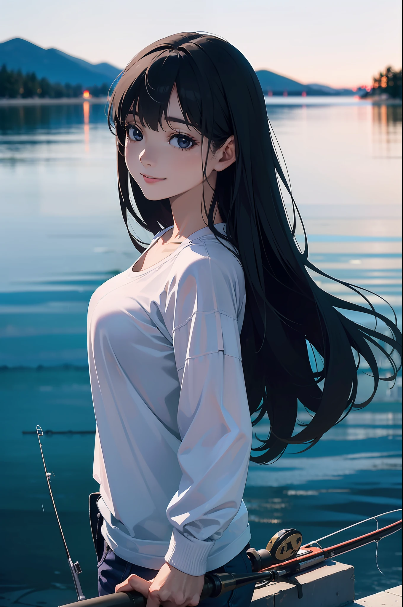 (((have a fishing rod by the lakeside:1.1))),((Best quality, Masterpiece :1.3)),1 japanese mature female,black hair, longeyelashes, solid circle eyes, light smile, drop shadow, atmospheric perspective, 8k, super detail, ccurate, best quality, middle breasts,black jacket, Black T-shirt ,navy blue jeans,