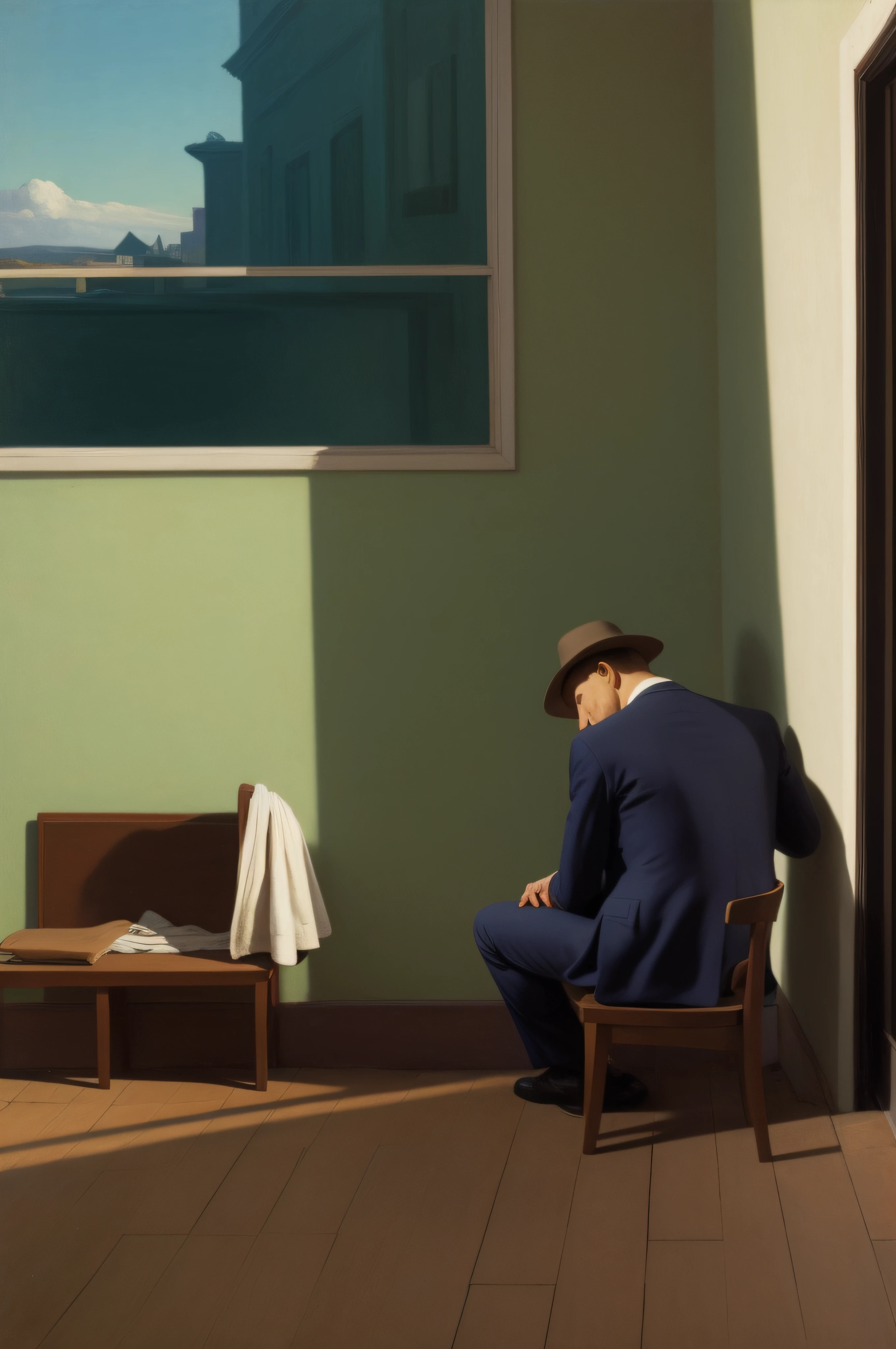 Homem, sitting on ground, back vision, roupas, Costas, Vision from afar, Back view, Edward Hopper,, Vincent Di Destino