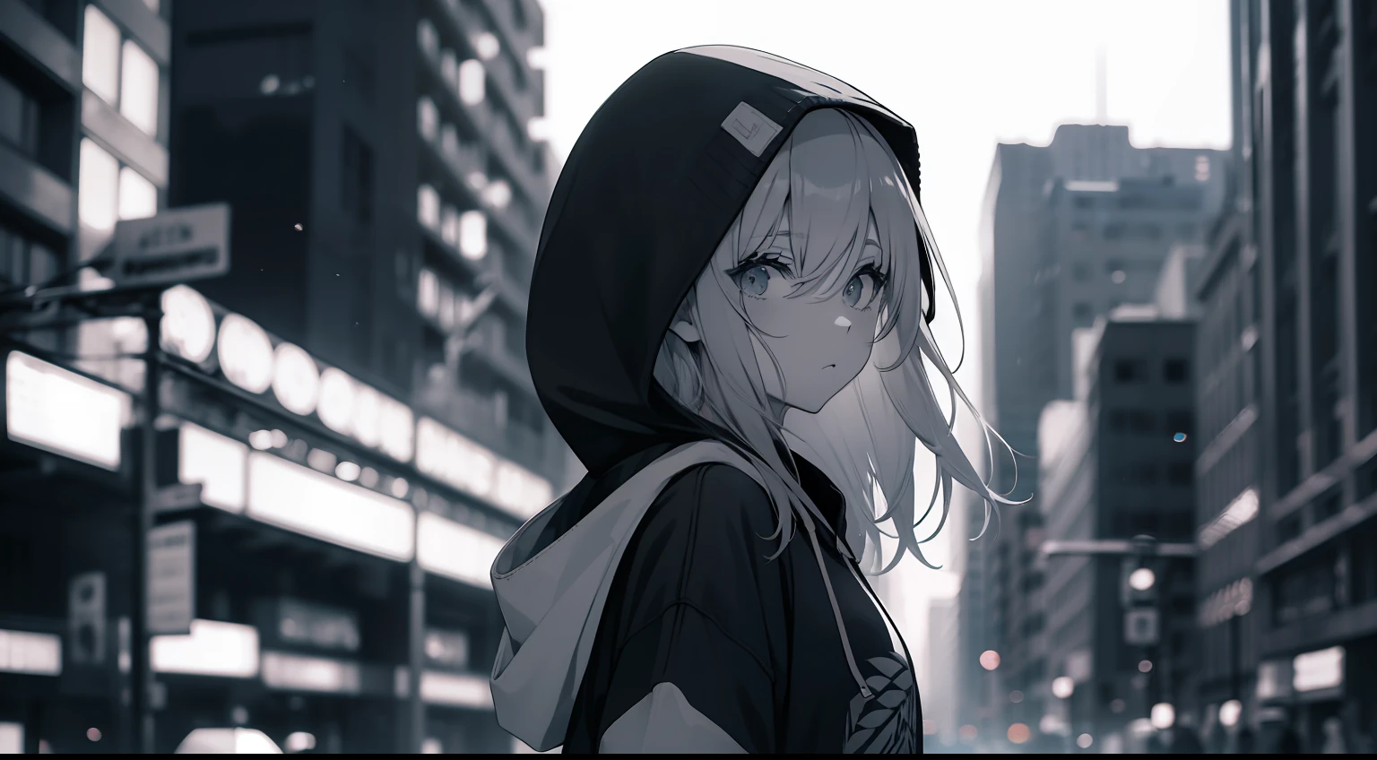 faded tone, monochrome, cool girl, long bangs, hipster, grey hair, upper chest shot, monochrome, black, blue, hoodie, wear the hood, heavily blurred background, city at dawn, from side