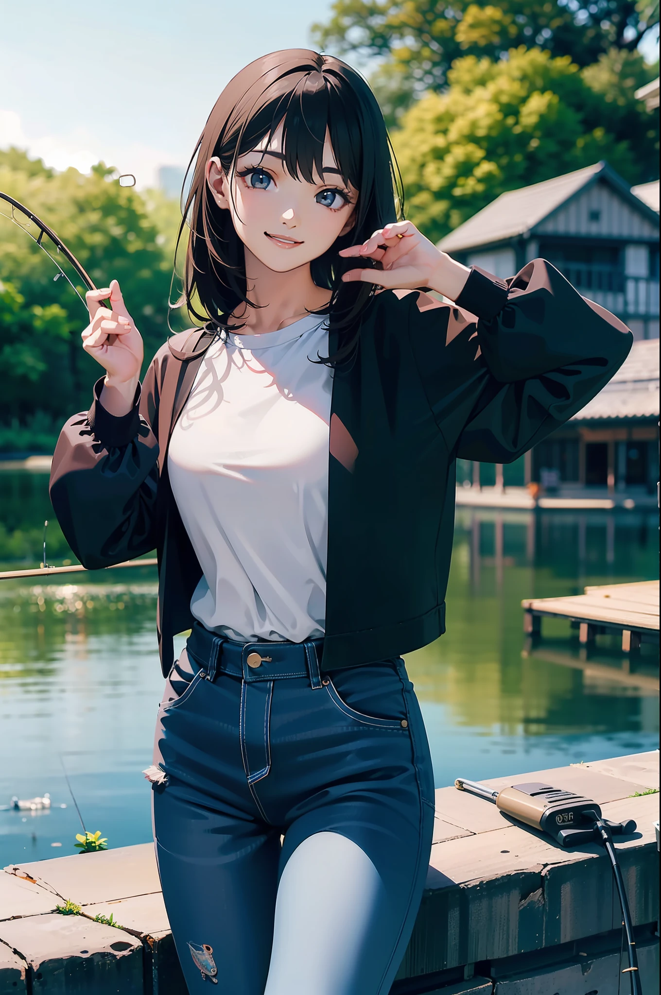 (((have a fishing rod by the lakeside:1.1))),((Best quality, Masterpiece :1.3)),1 japanese mature female,black hair, longeyelashes, solid circle eyes, light smile, drop shadow, atmospheric perspective, 8k, super detail, ccurate, best quality, middle breasts,black jacket, Black T-shirt ,navy blue jeans,