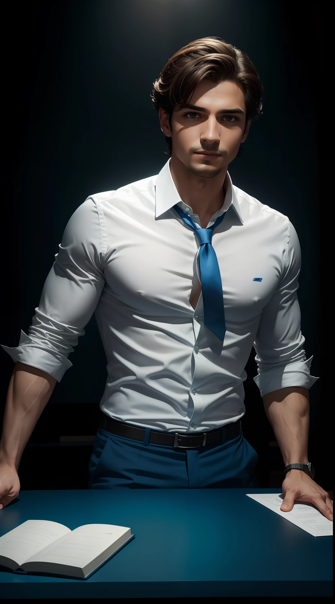 1hombre que parece un exitoso hombre de negocios y millonario, Listo para presentar un video motivacional de negocios. Se ve confiado, Charismatic and reliable. Lleva un elegante traje azul marino a medida., with a crisp white shirt and bright red silk tie. Her dark brown hair is perfectly split on one side. Smiles kindly looking directly at the camera, con una postura abierta y relajada. Holds a wireless microphone in your hand. Behind him is a stage with professional blue wallpaper, y una mesa de cristal con un MacBook abierto, a cup of coffee, and several outstanding books such as The 7 Habits of Highly Effective People. Scenario design conveys authority and inspires the audience to succeed in business and entrepreneurship., Tema oscuro, Ultra Resolution, hiperrealista, HDR, absyrdres, Cinematic shot, vignette, centrado, Distancia focal larga, DSLR, Lente de 200 mm, foto por Cristina Otero, Estudio oscuro, Rim Lighting, two-color illumination, poca luz, discreto, Luz de fondo,