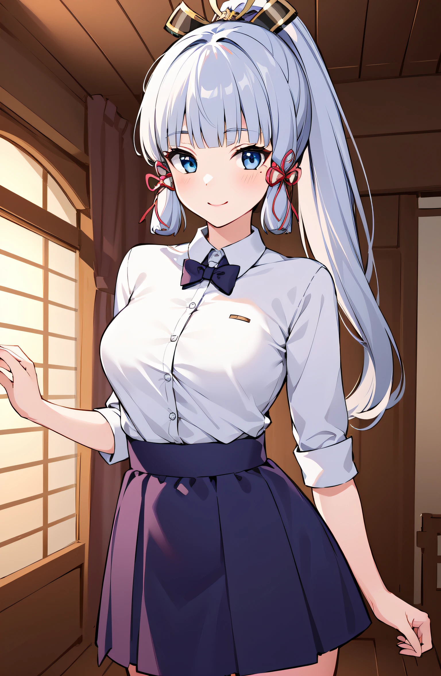 (masterpiece, best quality, ultra-detailed, illustration),genshin impact, kamisato, 1girl,solo,ayaka hair ornament,cowboy shot,ponytail, blunt bangs,blue eyes, smile, closed mouth, eyebrows visible through hair, long hair, silver hair, looking at viewer, indoors,medium breasts,shirt, skirt,