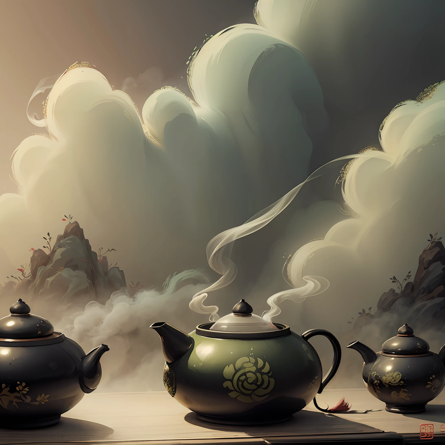 China-style,Chinese mythology,Chinese New Year painting,teas,Green smoke,thin fog,Daoism