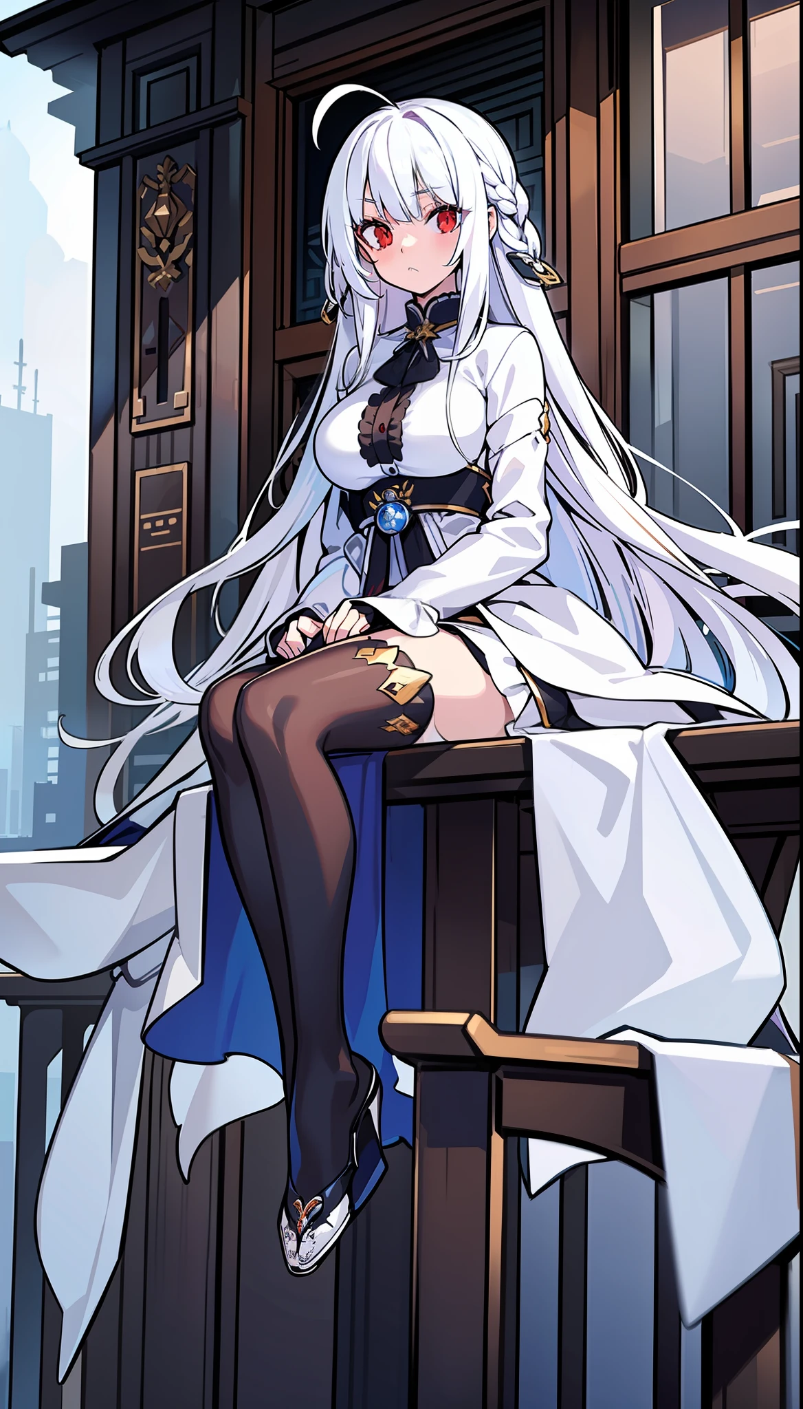 (masterpiece),(bestquality),highlydetailed,ultra-detailed,  cold , 1girl , bishoujo , stare , red eyes , beautiful detailed eyes , long hair , white hair:0.6 , silver_hair , Wing-like bangs , ahoge , Hair rings , braid , Rooftop , ventania