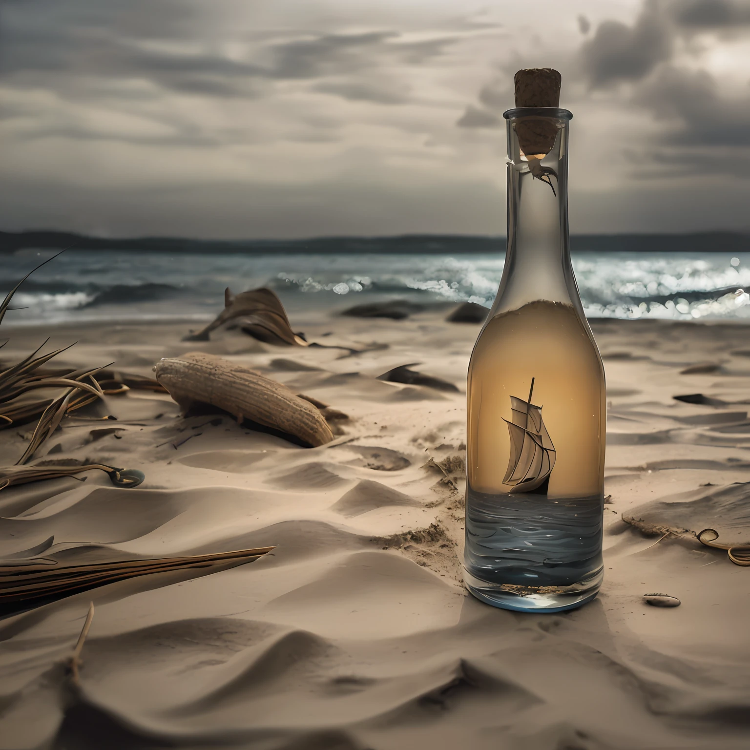 Hay una botella con una imagen de un barco en ella en la playa, Enviar en una botella, capturado en botellas, Botella de arte de arena, por Jesper Knudsen, Lightning in a bottle, Surreal beach photography, botella, Un barco en una isla desierta, por Sebastian Spreng, por Mathias Kollros, by Adam Marczyński