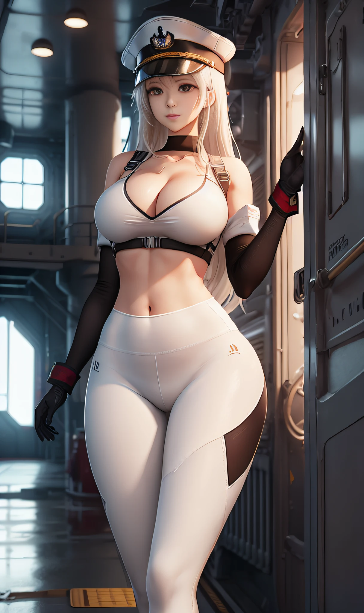 Blonde woman in white uniform poses on warship, azur lane style, Girl with warship, photorealistic anime girl rendering, A scene from the《azur lane》videogame, high definition cgsociety, 3 D rendering character art 8 K, Tifa Lockhart with white hair, beautiful and seductive anime woman, Slim figure, Wearing a white tight military uniform, Moderate breasts，Nipple bumps，Not wearing a bra，stunning cgsociety，White transparent yoga pants，military hat，black glove，Full ，Long legs，squatt，legs separated --auto
