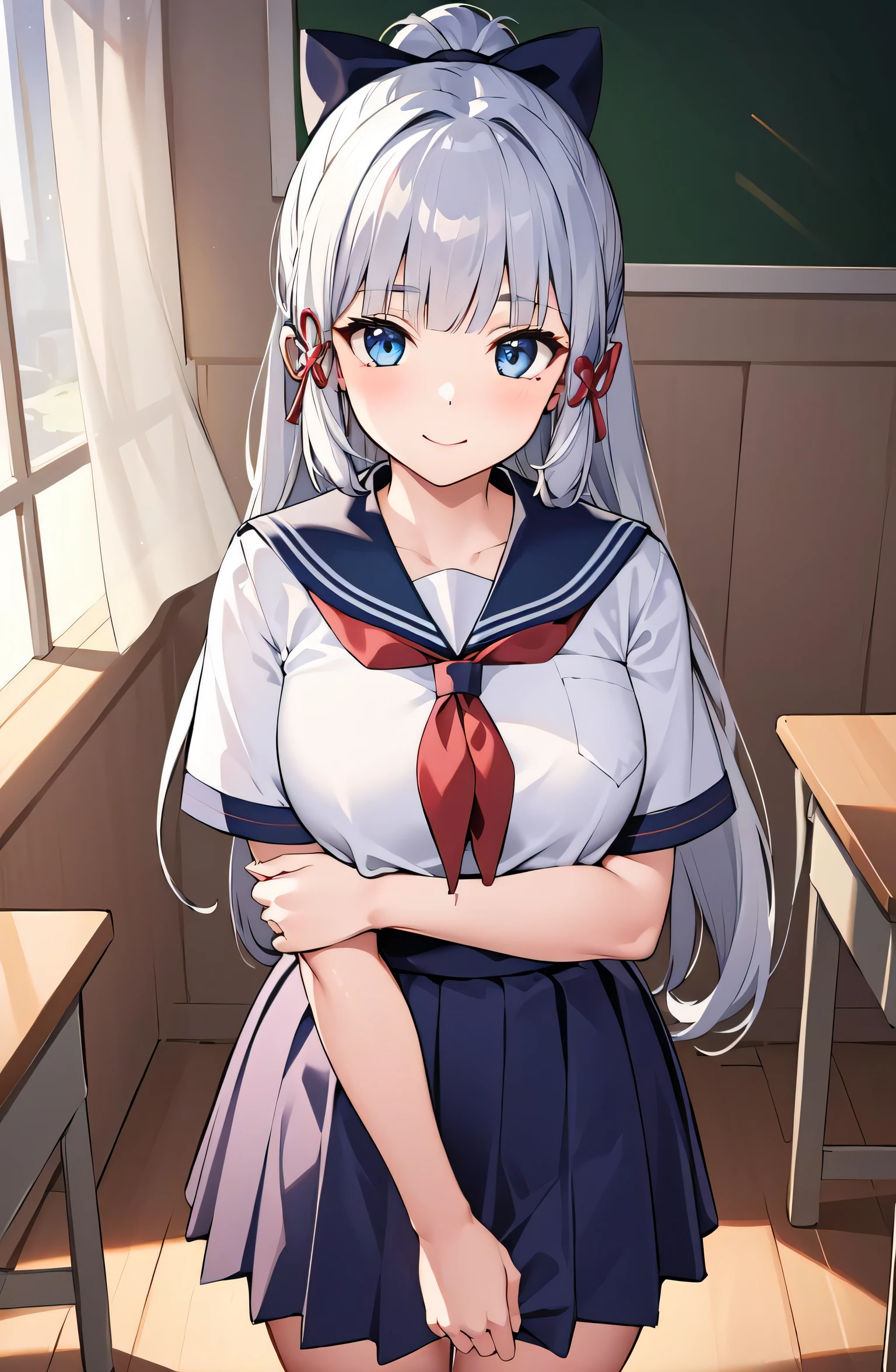 (masterpiece, best quality, ultra-detailed, illustration),genshin impact, kamisato, 1girl,hair bow,hair ribbon,cowboy shot,ponytail, blunt bangs,blue eyes, smile,breasts, cleavage, closed mouth, eyebrows visible through hair, long hair, silver hair, looking at viewer, indoors,solo,school uniform, serafuku, sailor collar, pleated skirt,