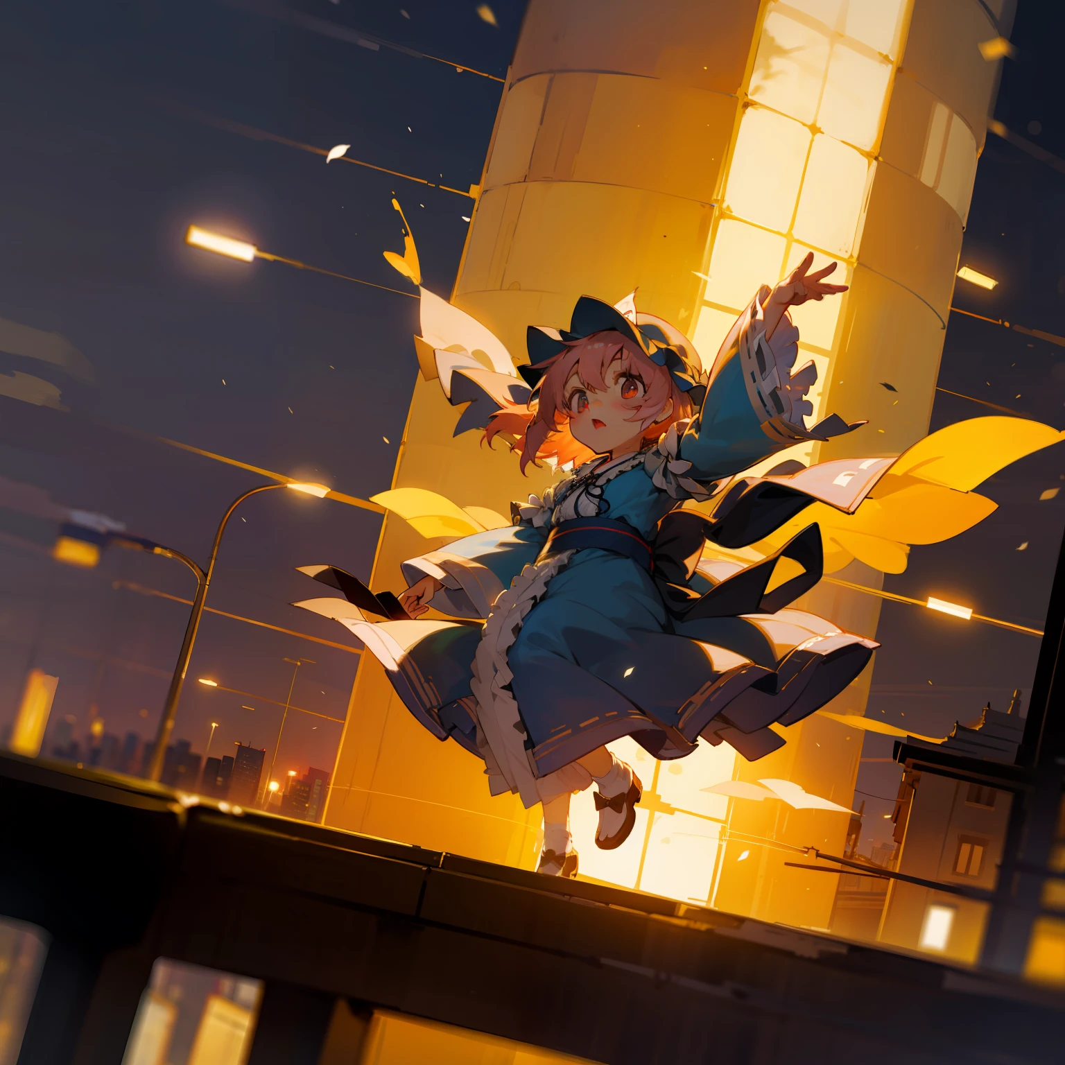 Translucent Saigyoji Yu々A child flies in the sky、Girl in the air、On the streets of a bustling city、There are many lights that make the background blurry and brighter, No humans, City lights, city, Night, Scenery, A light, Cityscape, Blurry