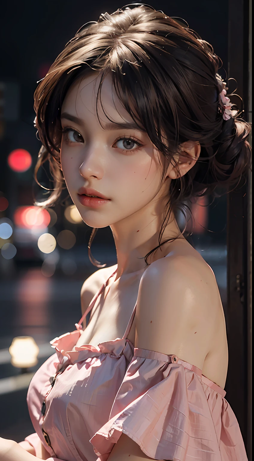 Best Quality, Masterpiece, Ultra High Resolution, (Realisticity: 1.4), Original Photo, 1girl, Pink Off-the-Shoulder, Cinematic Lighting