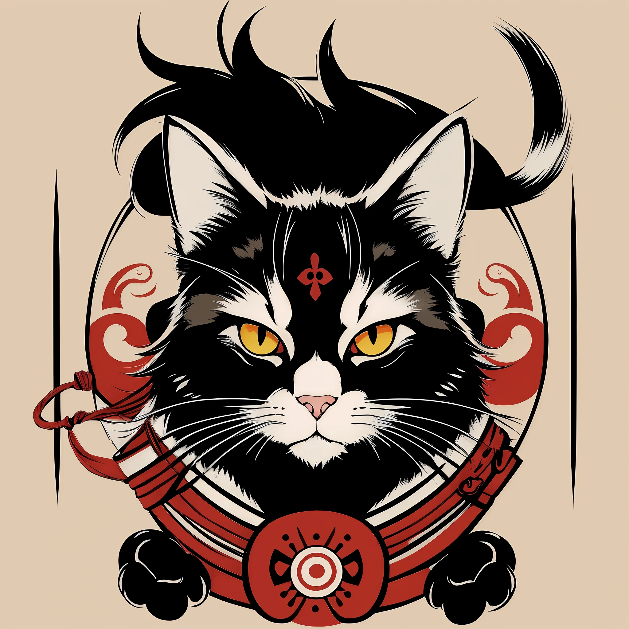 there is a black and white cat with a red collar and a red bow, samurai cat, anthropomorphic cat ninja, cat warrior, anime cat, style of hydro74, vectorial art, the dark god of cats, cat the assassin, neko, highly detailed vector art, anime manga robot!! cat tattoo, inspired by Tom Whalen, vector art
