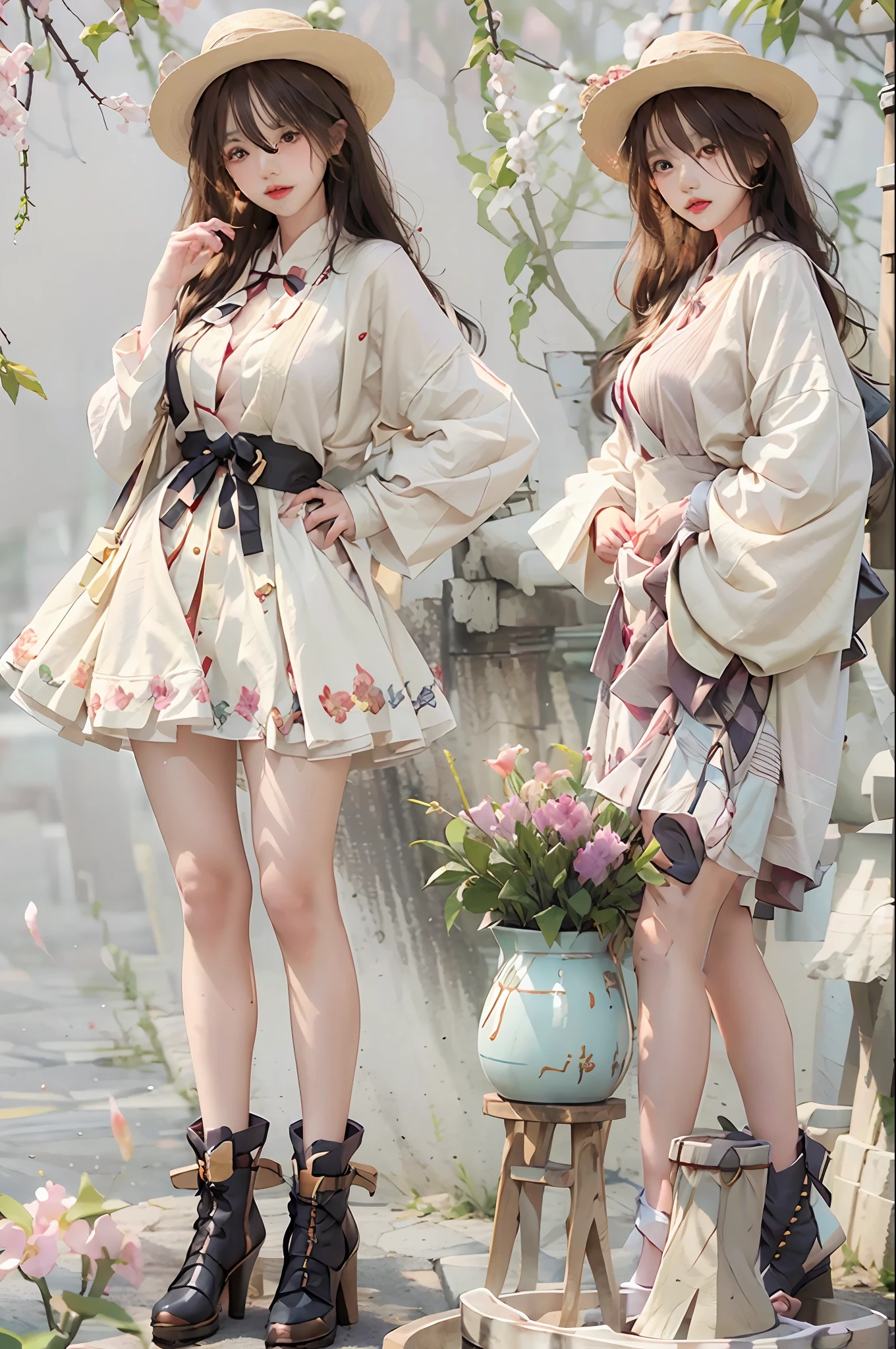 best qualtiy，tmasterpiece，超高分辨率，full bodyesbian，upper legs，（realisticlying：1.4），RAW photogr，1girll，a asian beauty， Korea， Super beautiful， Beautiful skins， Slim， body facing the front， （Ultra photo realsisim）， （A high resolution）， （8K），, ssmile,short detailed hair，Black shawl straight hair，46 points oblique bangs，High-definition detail、Hyper-detailing、cinematic ligh、ultra-realistic realism、Soft light、Deep field focus bokeh、with short black hair，White skin，famousartwork，s the perfect face，beauitful face，beautidful eyes，（（Perfect female body）），In a white blouse shirt，The shirt,pleatedskirt,hair pin，耳Nipple Ring，jewely，brown  hair，looking at viewert，cparted lips，Playful，In the flowers，having fun，vivaciousness，，With a straw hat，fresh flowers