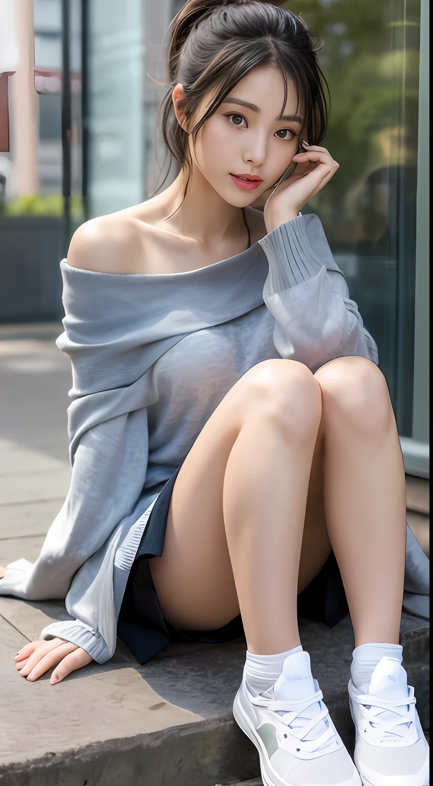 ((Best picture quality, 8K, tmasterpiece:1.3)), 1girll, Casual hairstyle, (off-shoulder blouse,Short pleated skirt:1.3),(wet see through clothes:1.4),Ultra-fine face, A detailed eye, 二重まぶた,(long leges:1.4),(athletic sneakers:1.3)Erlang legs,Sit on a high platform