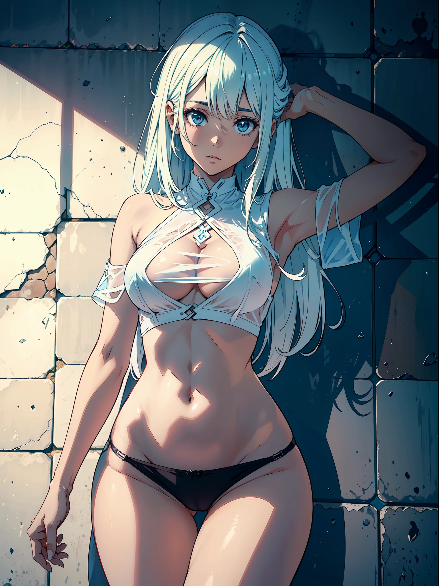 "(1 mulher bonita), sedutora, cabelo branco, Olhos vermelho, Camisa transparente, (Estilo anime 8k), (imagem ultra detalhada), (corpo meticulosamente detalhada, with amazing textures and shadows), change scenario