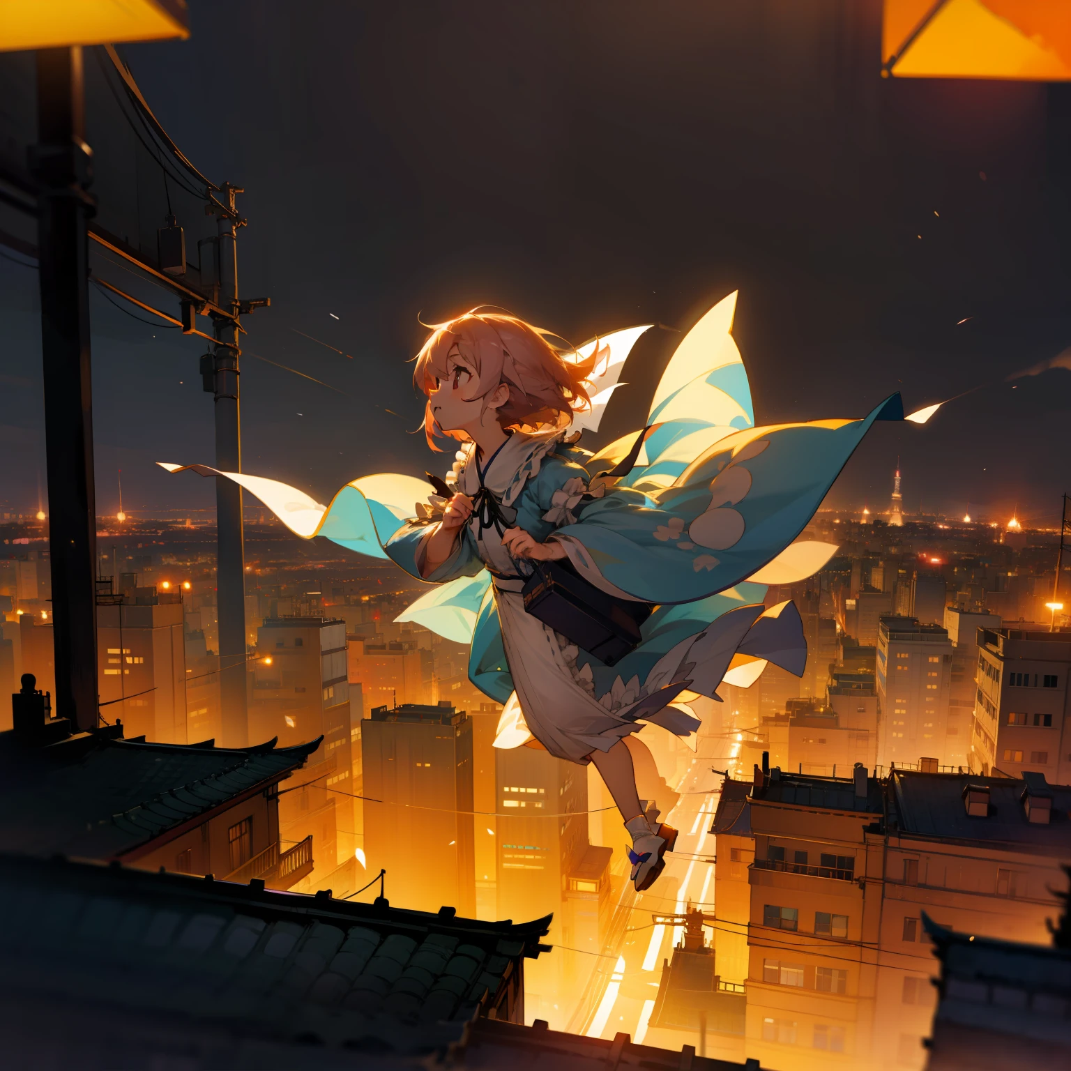 Translucent Saigyoji Yu々A child flies in the sky、Girl in the air、On the streets of a bustling city、There are many lights that make the background blurry and brighter, No humans, City lights, city, Night, Scenery, A light, Cityscape, Blurry