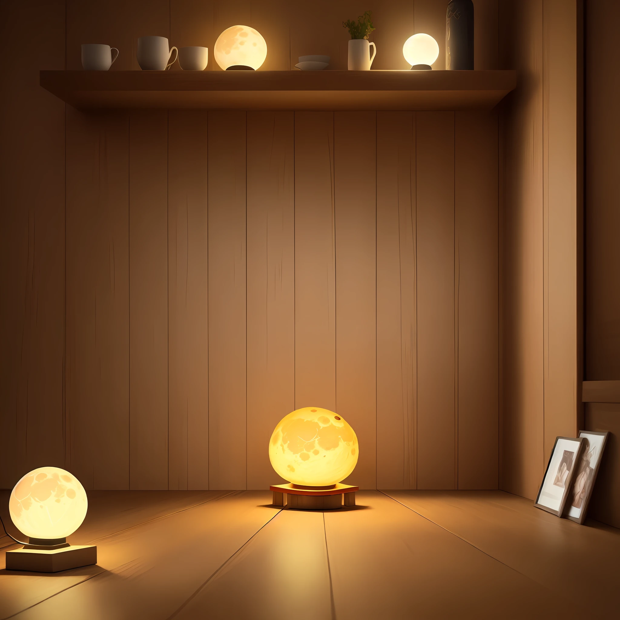 Round yellow moon lamps , moon light , Lower wooden support decoration items, foto realista , publicidade