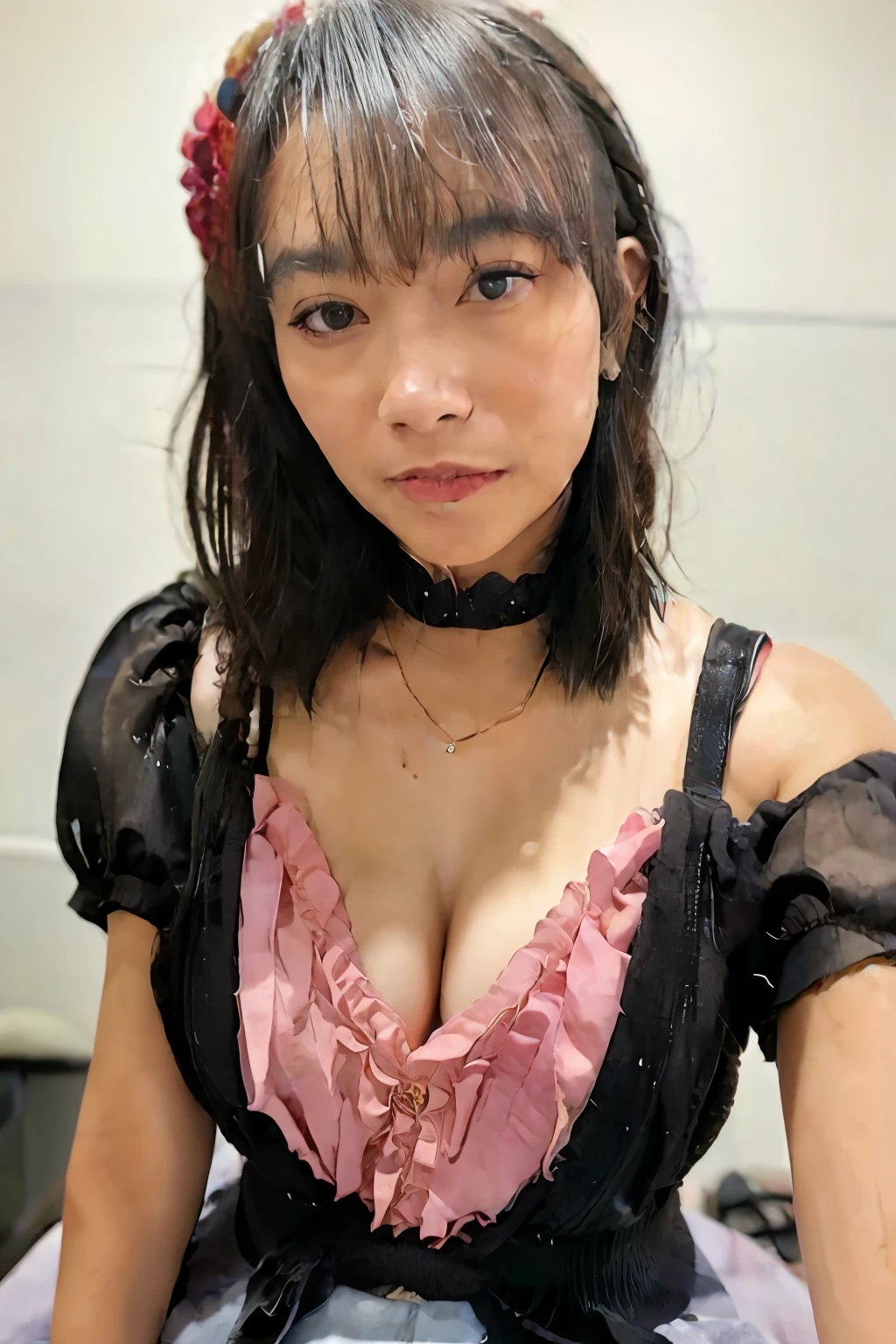 Black hair bob, (8k, RAW photo, photorealistic: 1.25), (very much lip gloss, many eyelashes, highest quality, ultra high resolution, depth of field, chromatic aberration, caustics, wide light, natural color, Japanese , Female in her 30s) Staring at the viewer, necklace, bracelet, choker, full body, big breasts, mole on chest, bare legs, see-through blouse