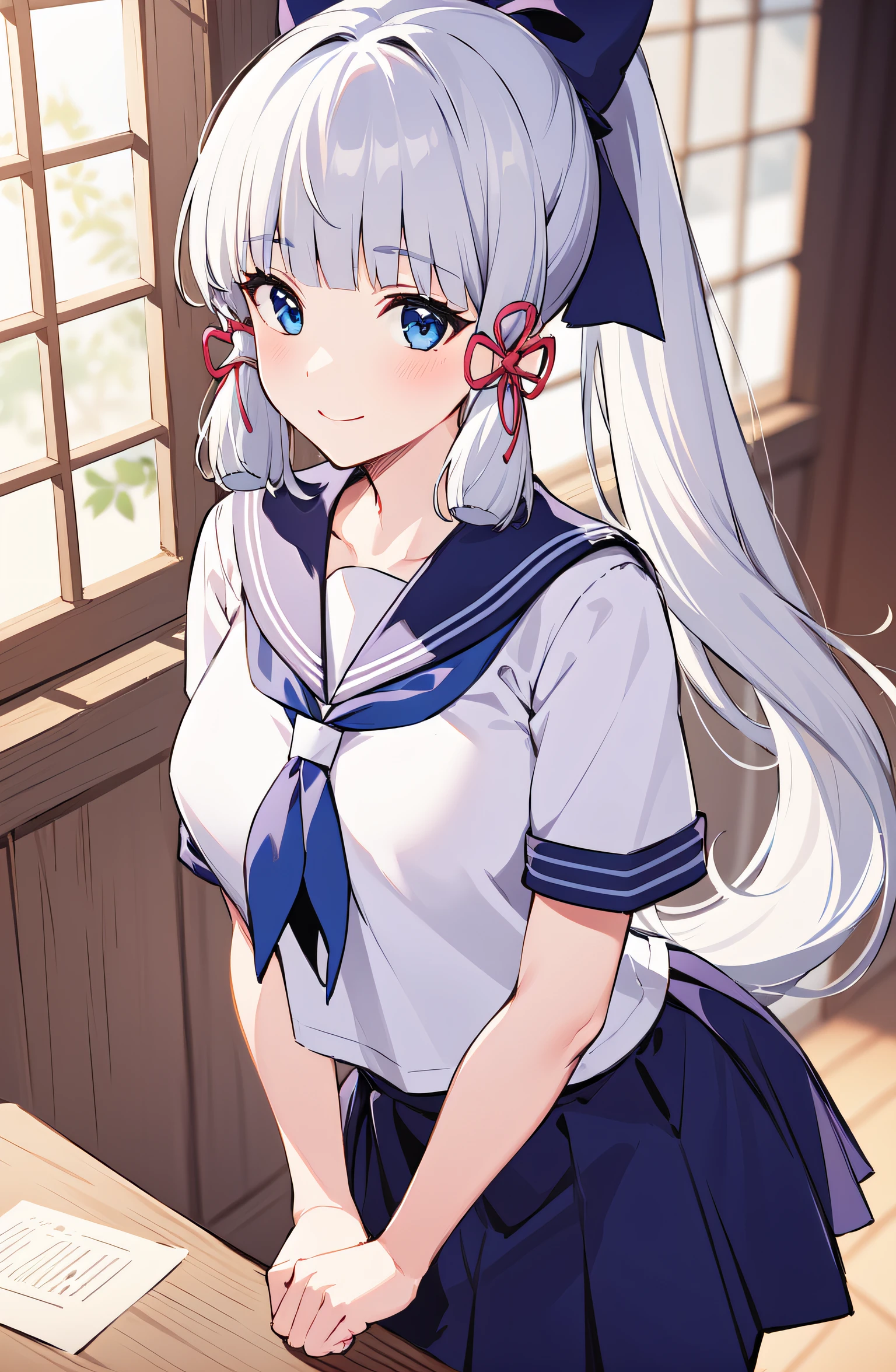 (masterpiece, best quality, ultra-detailed, illustration),genshin impact, kamisato, 1girl,hair bow,hair ribbon,cowboy shot,ponytail, blunt bangs,blue eyes, smile,breasts, cleavage, closed mouth, eyebrows visible through hair, long hair, silver hair, looking at viewer, indoors,solo,school uniform, serafuku, sailor collar, pleated skirt,