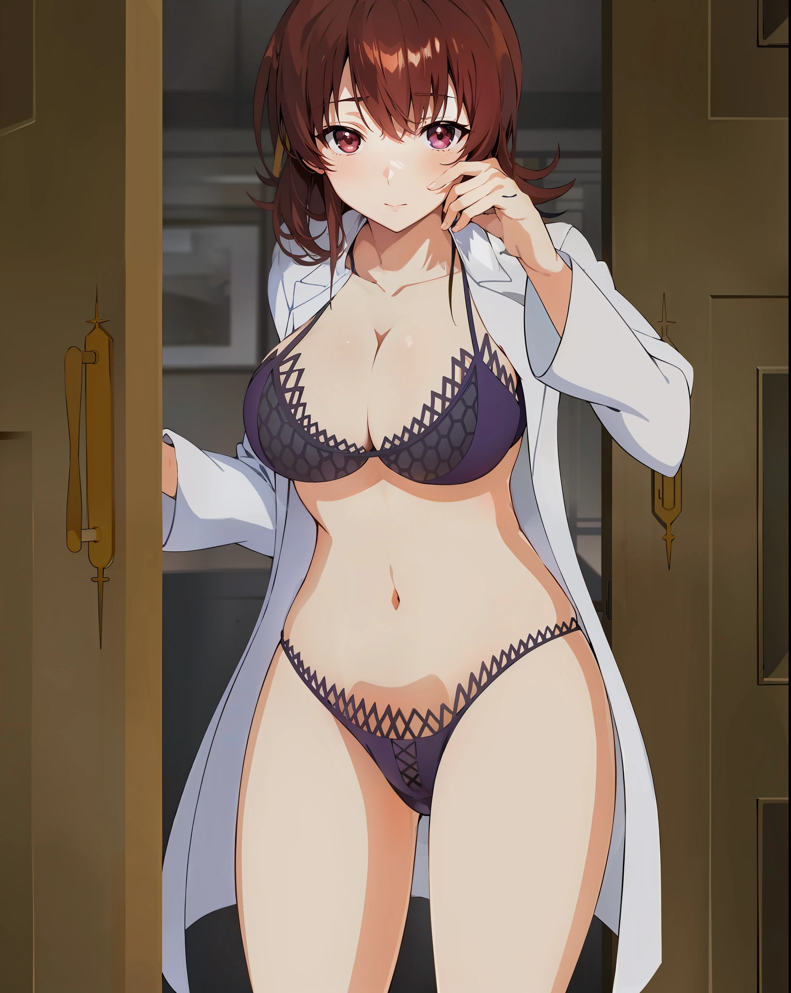 Una mujer en bikini y chaqueta parada frente a una puerta, seductora chica de anime, Traje de Asuka debajo de la ropa!, Anya de Spy X Family, Makoto Shinka, Makoto, Ropa reveladora, Shinkai Makoto, Misato Katsuragi, OPPAI, De cerca Iwakura Lain, Nishimiya Shouko, Iwakura Lain