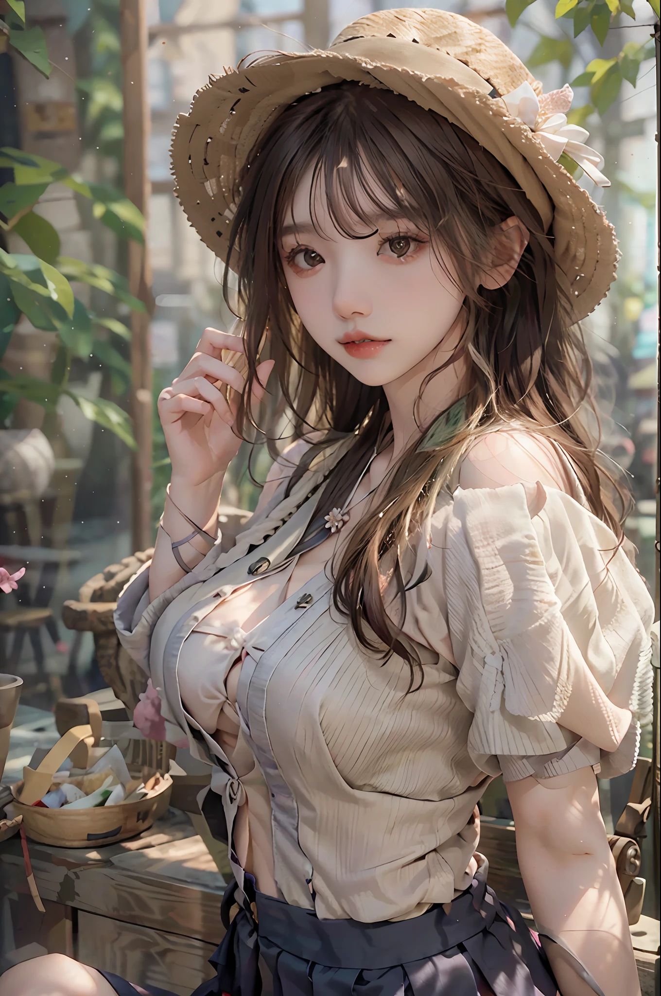 best qualtiy，tmasterpiece，超高分辨率，full bodyesbian，upper legs，（realisticlying：1.4），RAW photogr，1girll，a asian beauty， Korea， Super beautiful， Beautiful skins， Slim， body facing the front， （Ultra photo realsisim）， （A high resolution）， （8K），, ssmile,short detailed hair，Black shawl straight hair，46 points oblique bangs，High-definition detail、Hyper-detailing、cinematic ligh、ultra-realistic realism、Soft light、Deep field focus bokeh、with short black hair，White skin，famousartwork，s the perfect face，beauitful face，beautidful eyes，（（Perfect female body）），In a white blouse shirt，The shirt,pleatedskirt,hair pin，耳Nipple Ring，jewely，brown  hair，looking at viewert，cparted lips，Playful，In the flowers，having fun，vivaciousness，，With a straw hat，fresh flowers