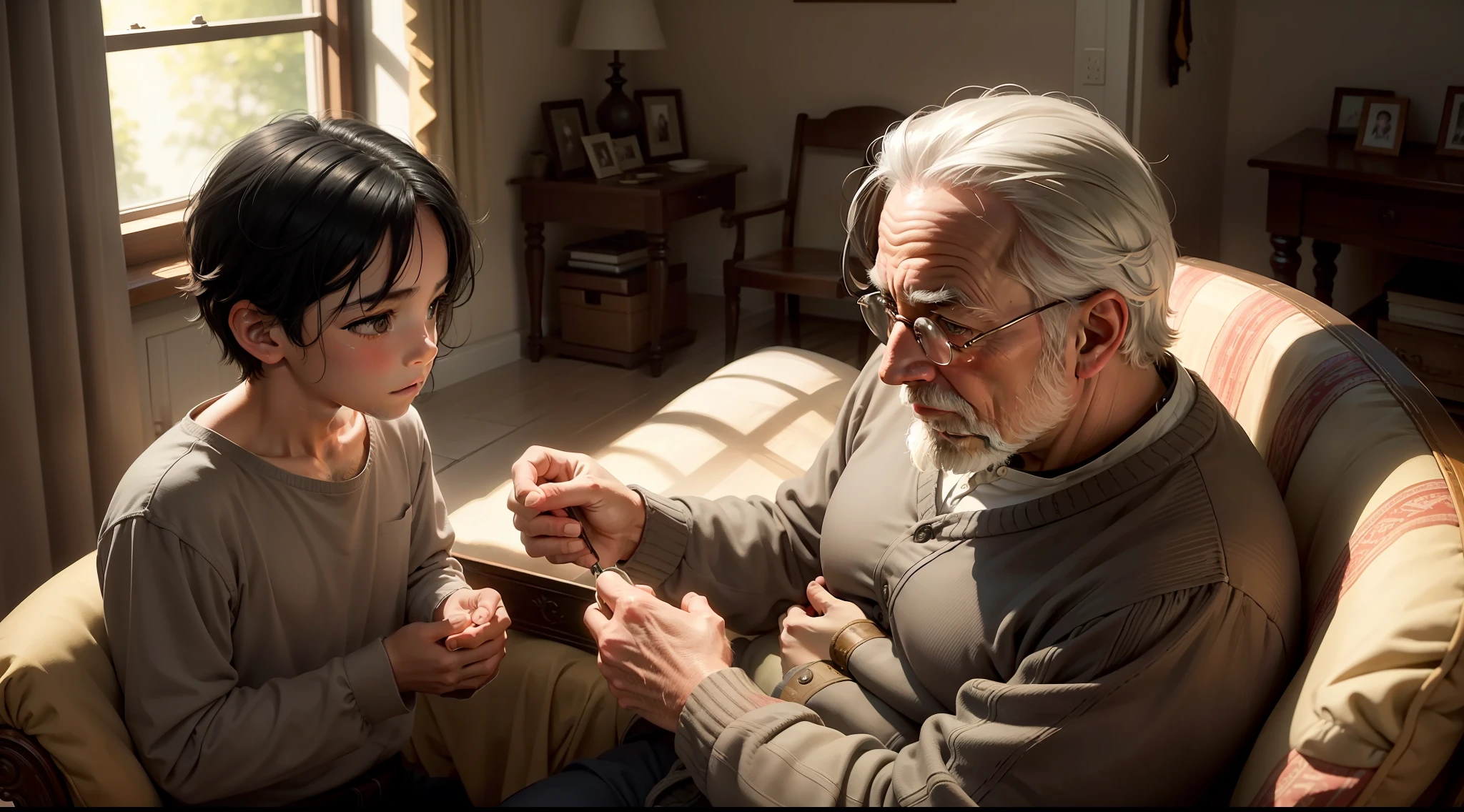 A cozy scene of a room bathed in the afternoon sunlight. The father, with graying hair and features marked by time, is seated in a comfortable armchair. His gaze is kind and patient. The son, a curious young boy with bright, smooth black hair, approaches timidly. He holds a small stone in his hands, looking at the father with admiration and inquiry. The atmosphere is filled with tenderness and respect, capturing an intimate moment between generations.