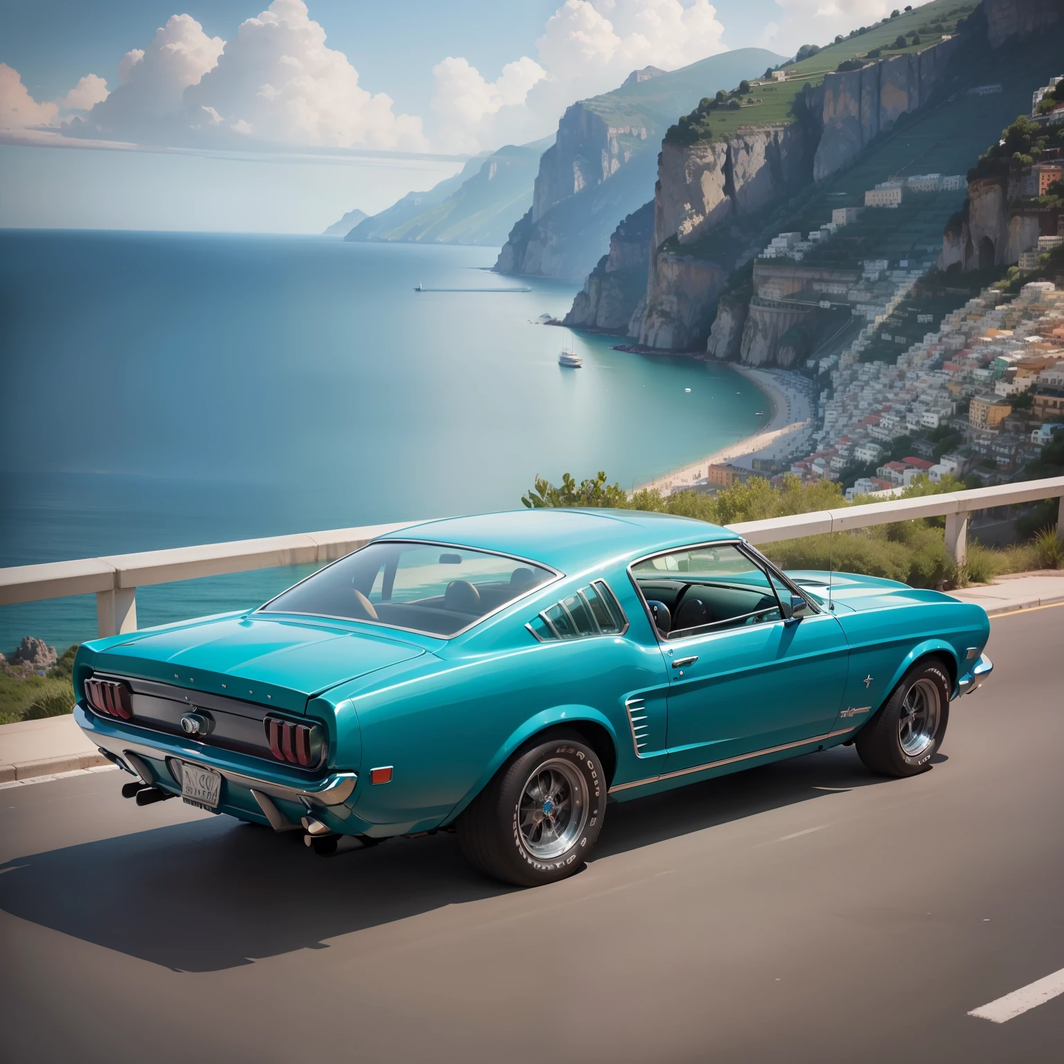 "Side view of a breathtaking teal vintage Ford Mustang overlooking the picturesque Amalfi coast."
