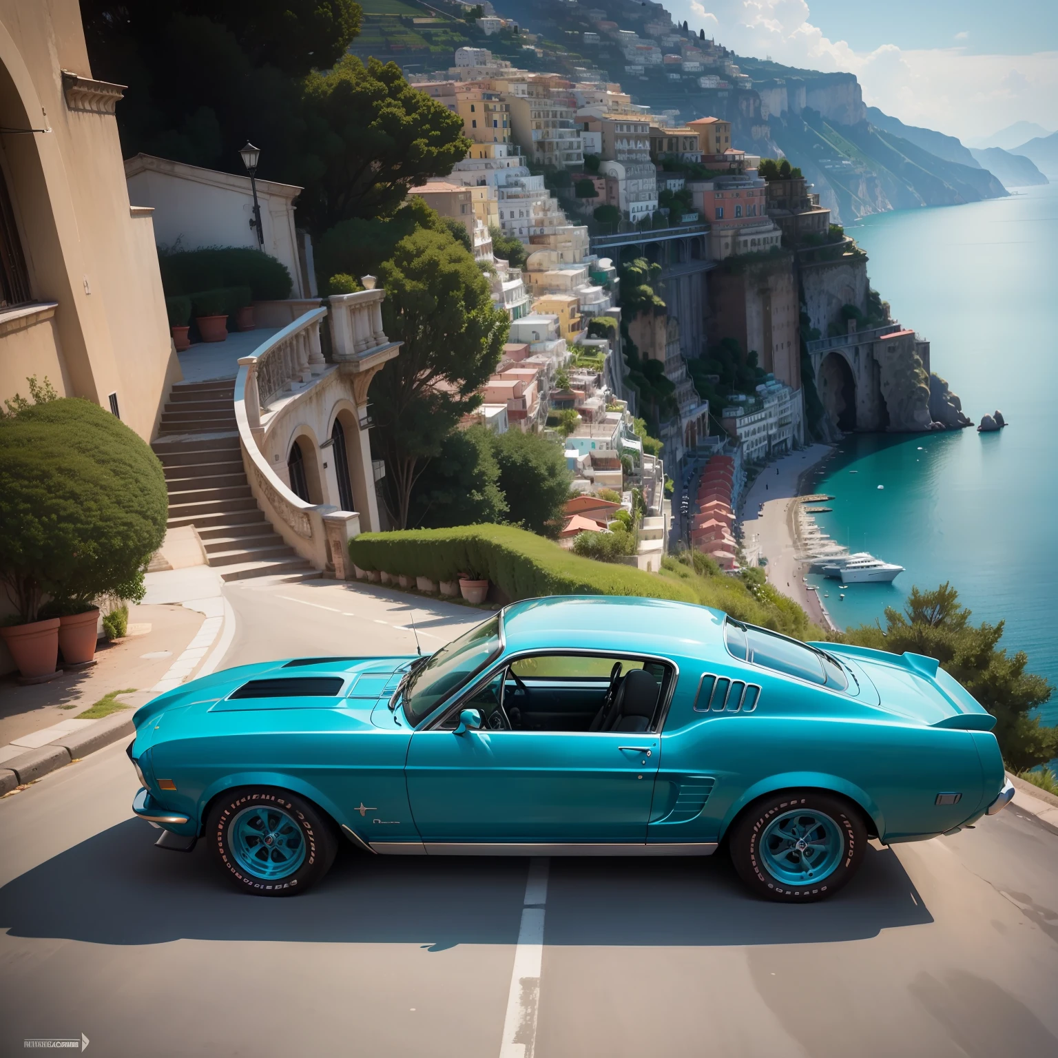 "Side view of a breathtaking teal vintage Ford Mustang overlooking the picturesque Amalfi coast."