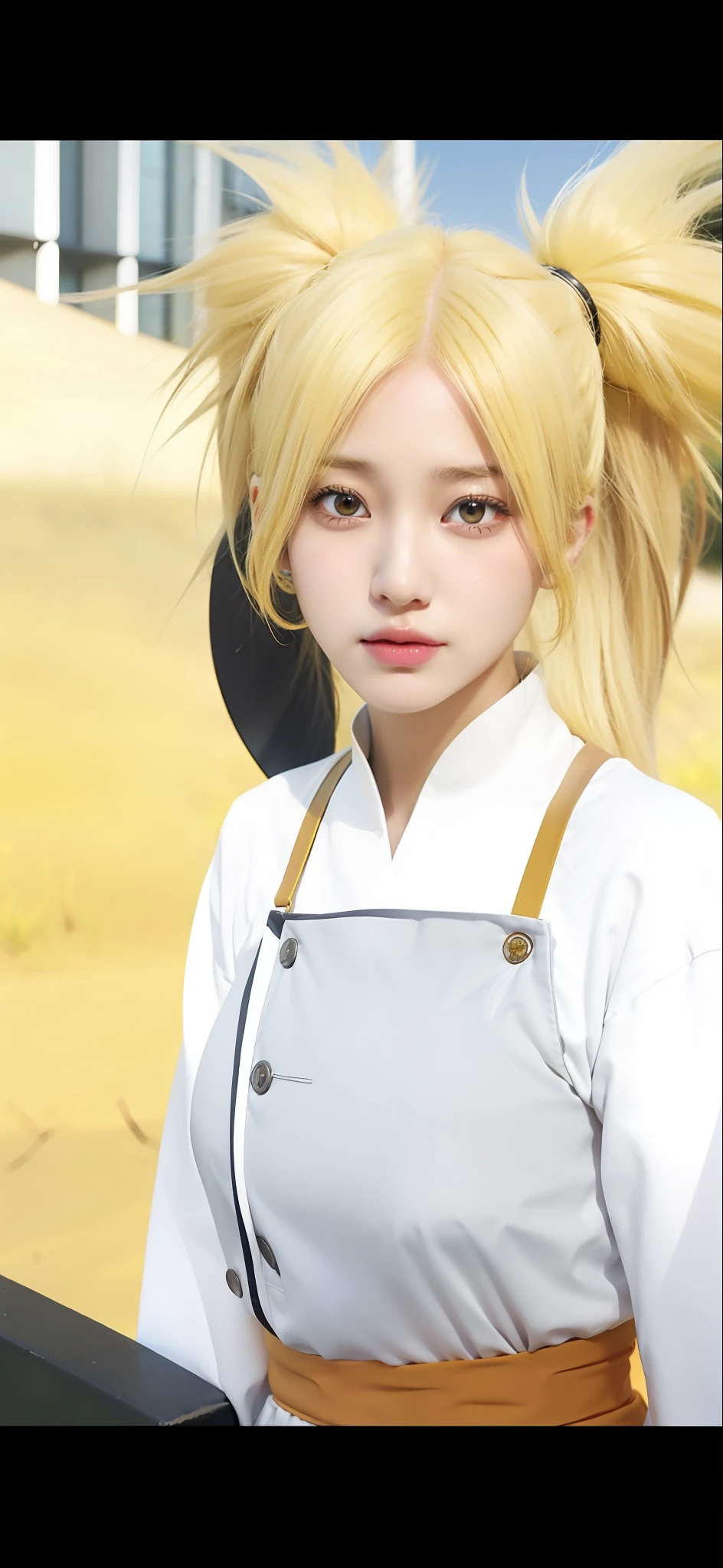 1girl, temari, yellow hair, long hair, yellow eyes, very big breasts, white clothes, realistic, ultra detail, outdoor background