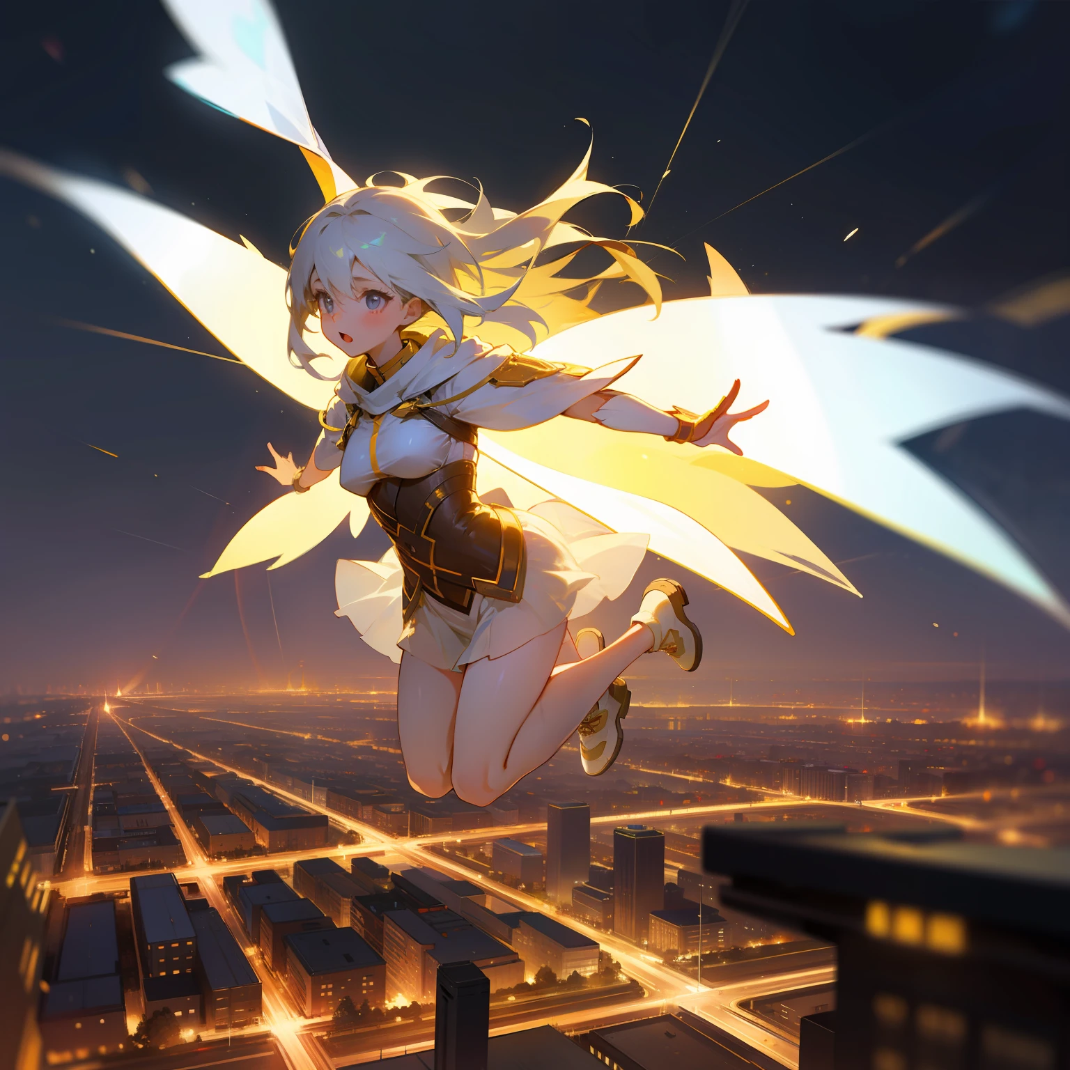 Translucent white girl flies in the sky、Girl in the air、On the streets of a bustling city、There are many lights that make the background blurry and brighter, No humans, City lights, city, Night, Scenery, A light, Cityscape, Blurry