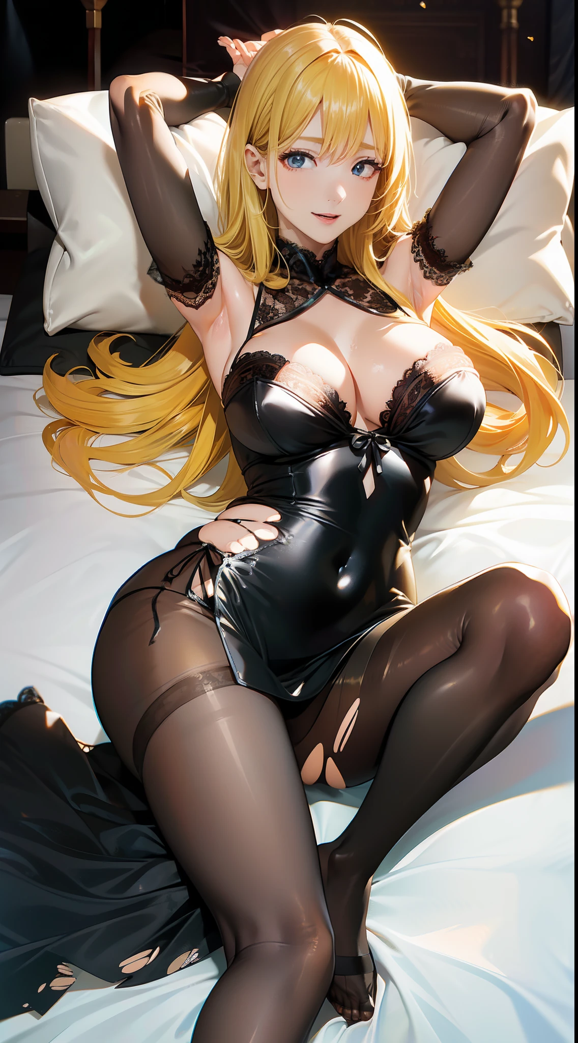 Works of masters,high detal,超高分辨率,Best image quality,8K分辨率,exquisite facial features,s the perfect face,Glowing skin,femele,a beauty girl,solo person,(((((maidennurse))))),((((Sexy black lace dress)))),bare-legged,((Torn pantyhose)),(Lie down in bed),((hands raised overhead)),(((blond hairbl))),Full body wrapping,bold outfit,((Put your hands behind your head)),voluptuous figure