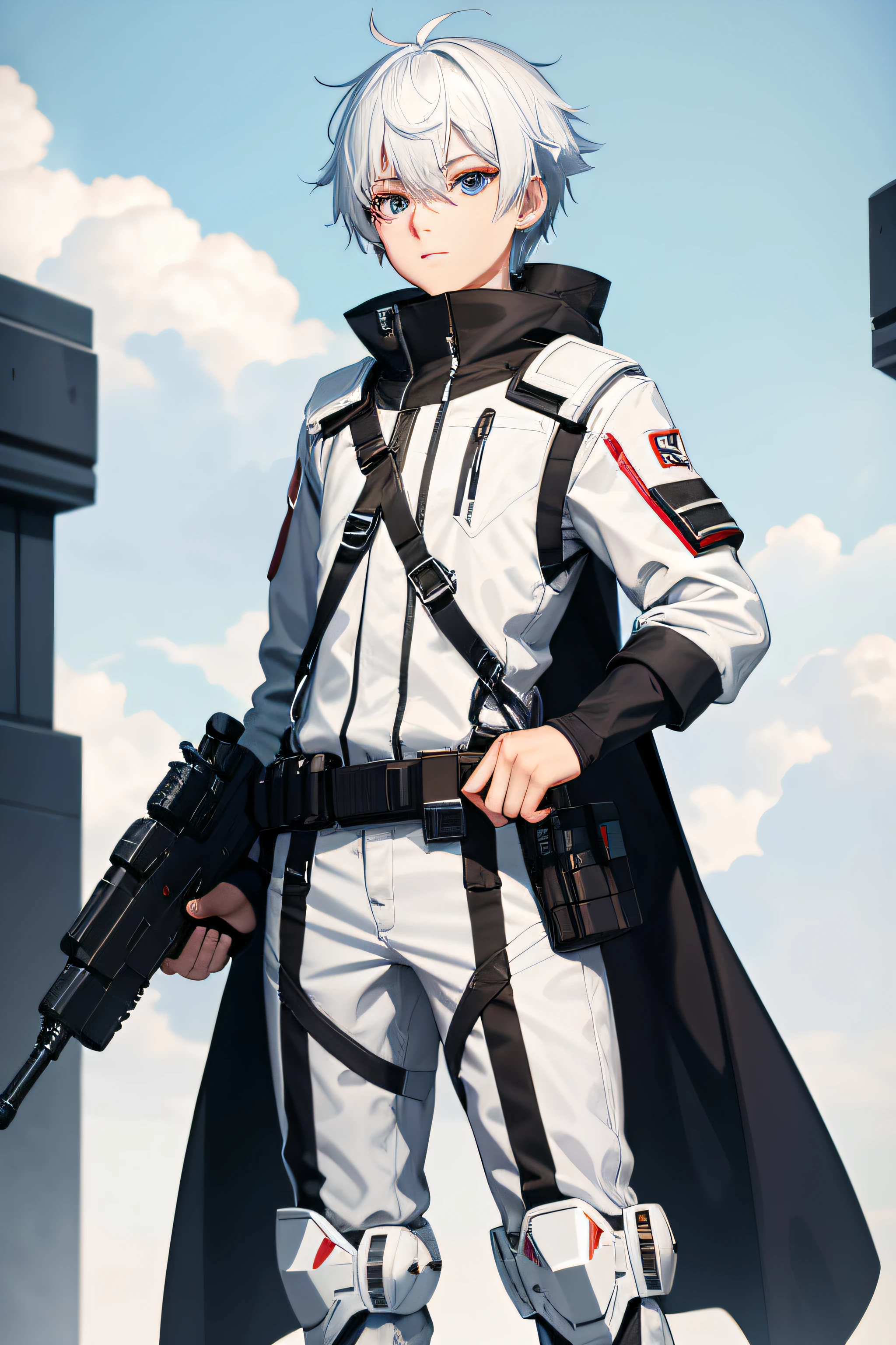 Sci-fi boy character design|Sci-fi guns|White sci-fi costume|white color hair|red color eyes