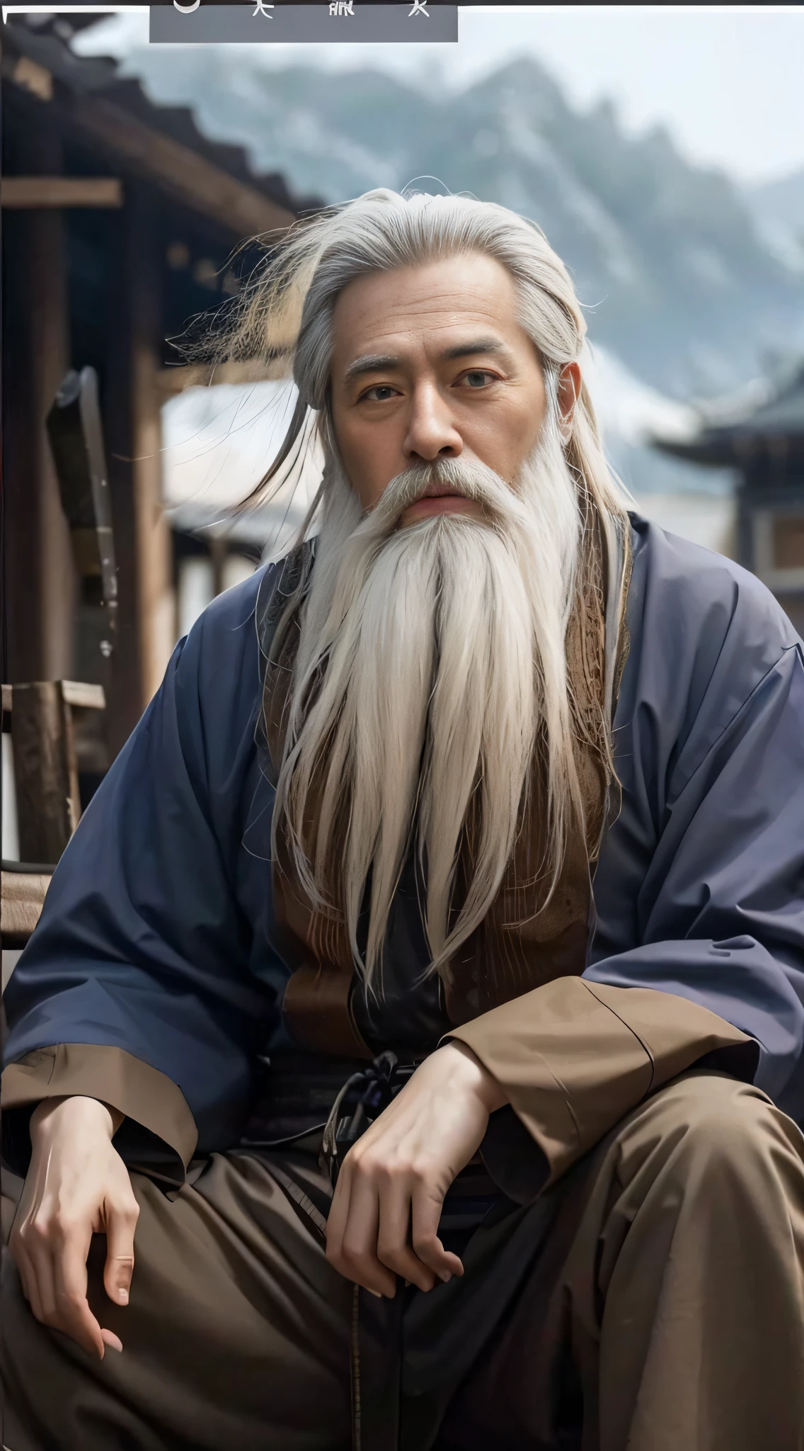 Close-up of a man with a long beard sitting on a bench, inspired by Wu Daozi, Taoist master, Inspired by Hu Zaobin, very long white beard and hair, Long white beard, Taoist, Daoism, inspired by Li Gonglin, inspired by Li Cheng, long grey beard, confucius and jury trial