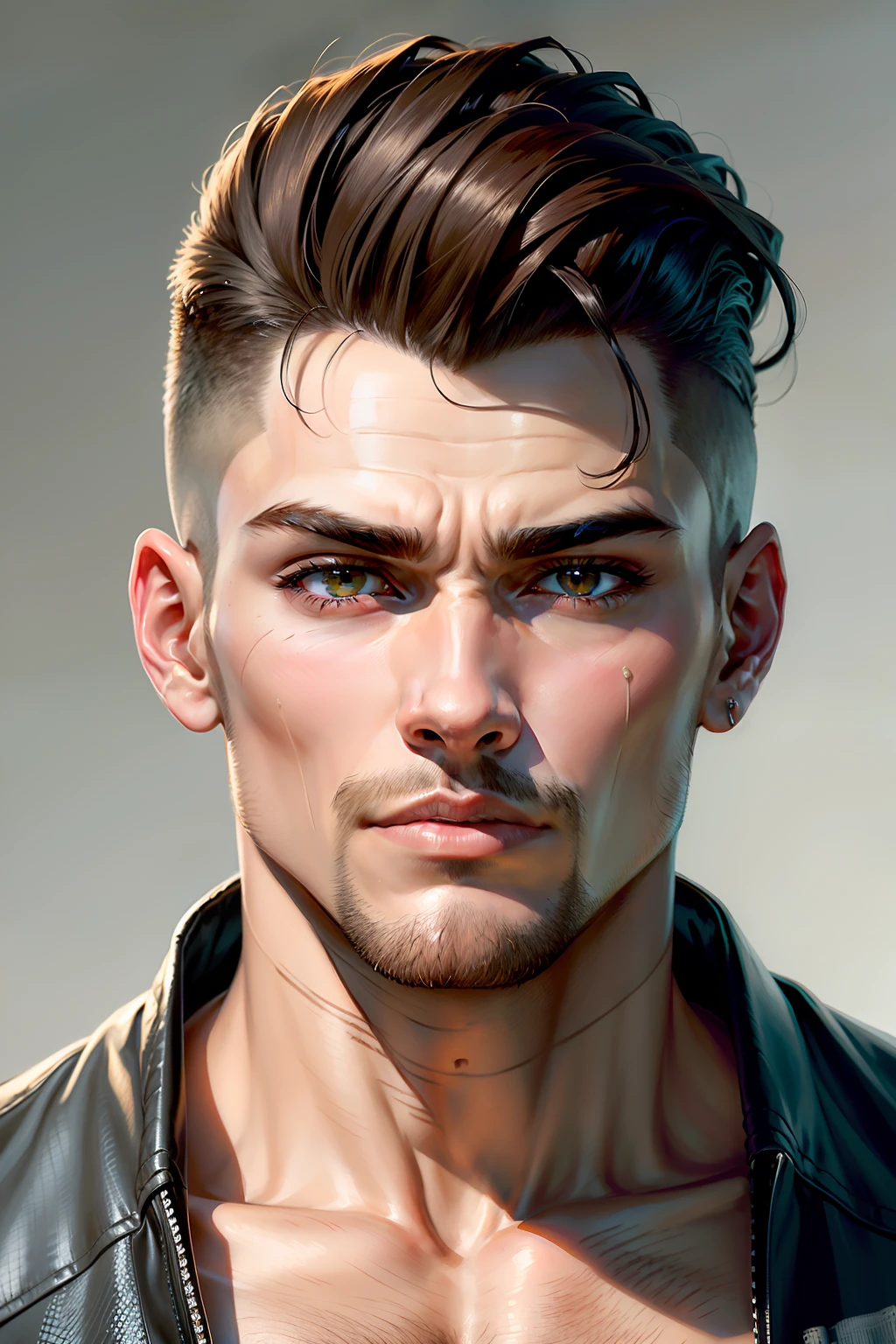 homem arafed de aproximadamente 21 anos de idade com cabelo espetado e(((dorso vestindo uma camiseta branca por baixo de uma jaqueta de couro leve e simples))), peitoral coberto por uma camiseta branca lisa, camiseta branca, (((imagem frontal))), masculine jaw, short hair on top of his head, angular jawline, corte de cabelo moderno, sharp jaw, chiseled jaw, short hair on the sides of the head, curto nas laterais, slicked back hair, Prominent jaw, masculine jaw!, estilo hiper realista, laterais raspadas, corte de cabelo undercut, Front view, Personagem ansioso, rosto perfeito, Qualidade ultra realista, 8k, High definition, olhos perfeitos, boca perfeita, nariz perfeito, Rosto ultrarrealista, master part, image perfection, olhando para frente, imagem frontal