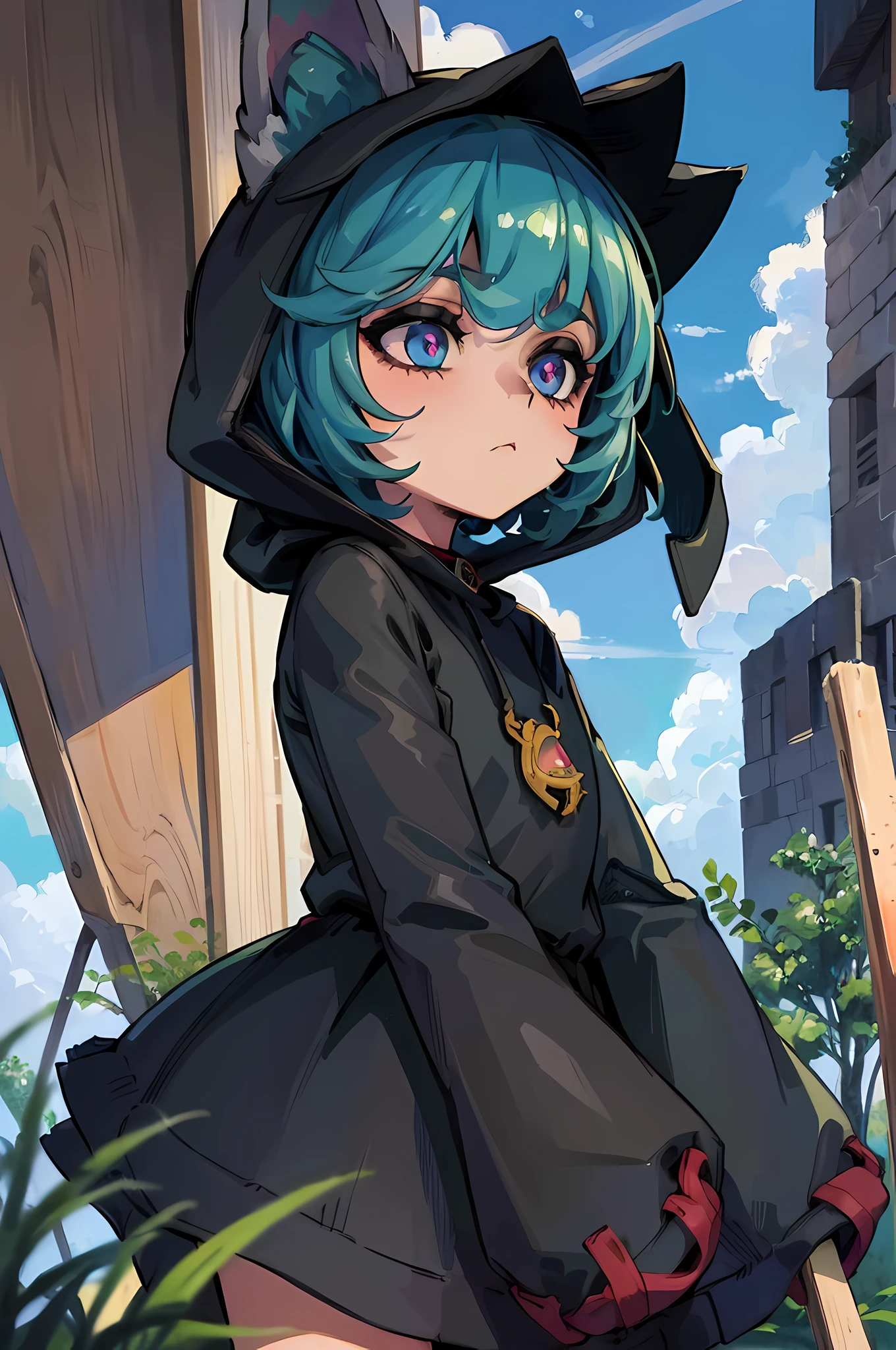 (64k, RAW photo, best quality, masterpiece: 1.45),(waterpaint,illustration.paint),detailed eyes and face,1girl,vex,cute girl with sleepy face sad,green short hair,black clothes,black hood,rabbit ears,dark background