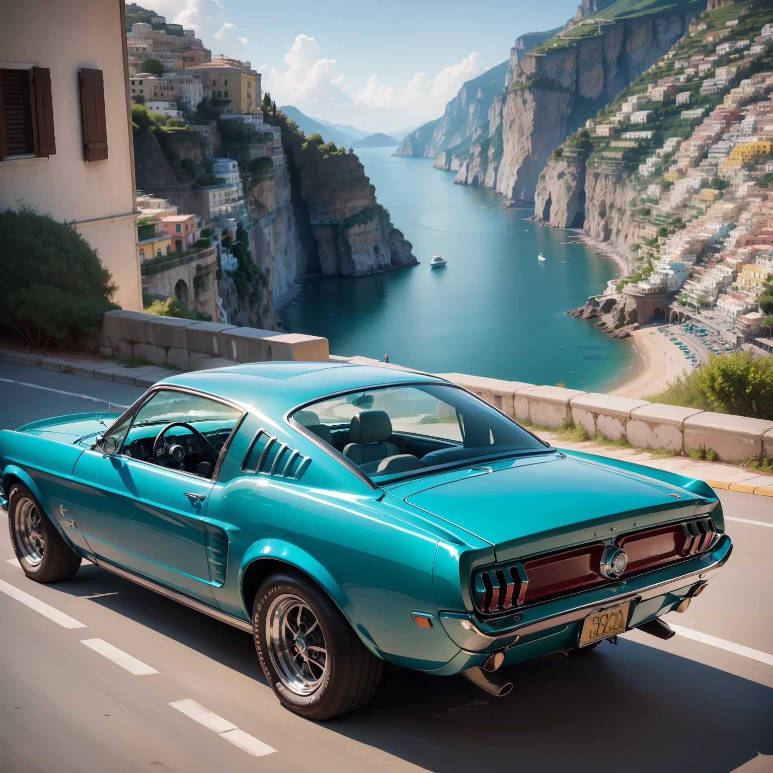 "Side view of a breathtaking teal vintage Ford Mustang overlooking the picturesque Amalfi coast."