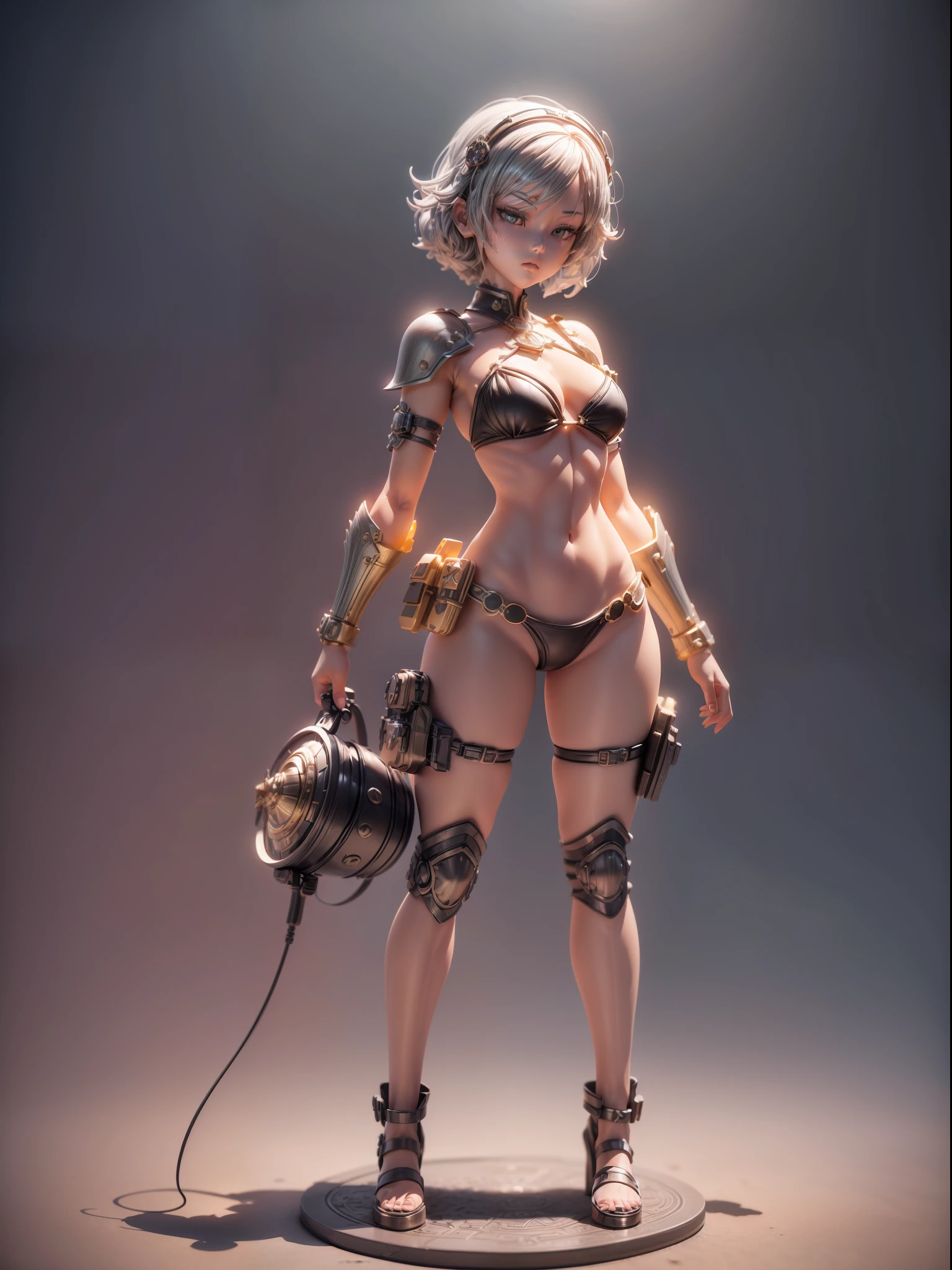 (Blind box toy style:1.2), (Full body shot) , (1 plastic woman)((solo)) Plastic bikini armor，steampunk style, dreamy glow, Clean background,black and silver style，(circular base） ( Global illumination, Ray traching, hdr, unreal render,reasonable design, high detal, Masterpiece, Best quality, hyper HD, Cinematic lighting)
