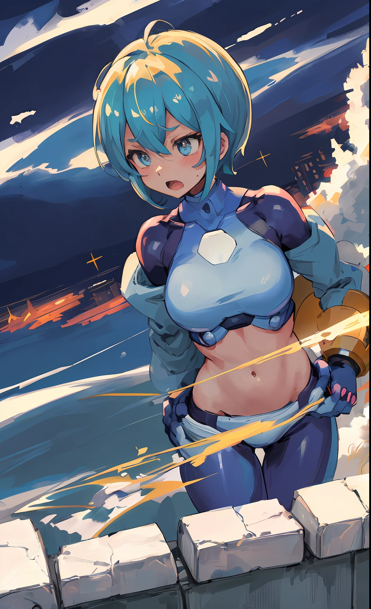 (capcom:megaman)、Mega Man Suit、Volume Lighting、Best Shadows、Shallow depth of field、Portrait of an amazingly beautiful girl、Blue and white bodysuit、Mechanic suit、Eyes with eyes as beautiful as stars、open open mouth、Bring out the double teeth、Beautiful medium milk、blondehair、Blush Eyeshadow、Separate Wear、Navel out、slim waist、Scrap yard、A city inhabited by mechanical dolls、Scrap plant、Outdoor Unit、Energy cannon release、Unleash Rock Buster、(top-quality、Superb Detail:1.25)、(独奏:1.3)、Brilliant Colorful Paintings、short cut hair、Kamehameha、Wave Fist、Garrick Gun、railgun、Waves of Light、