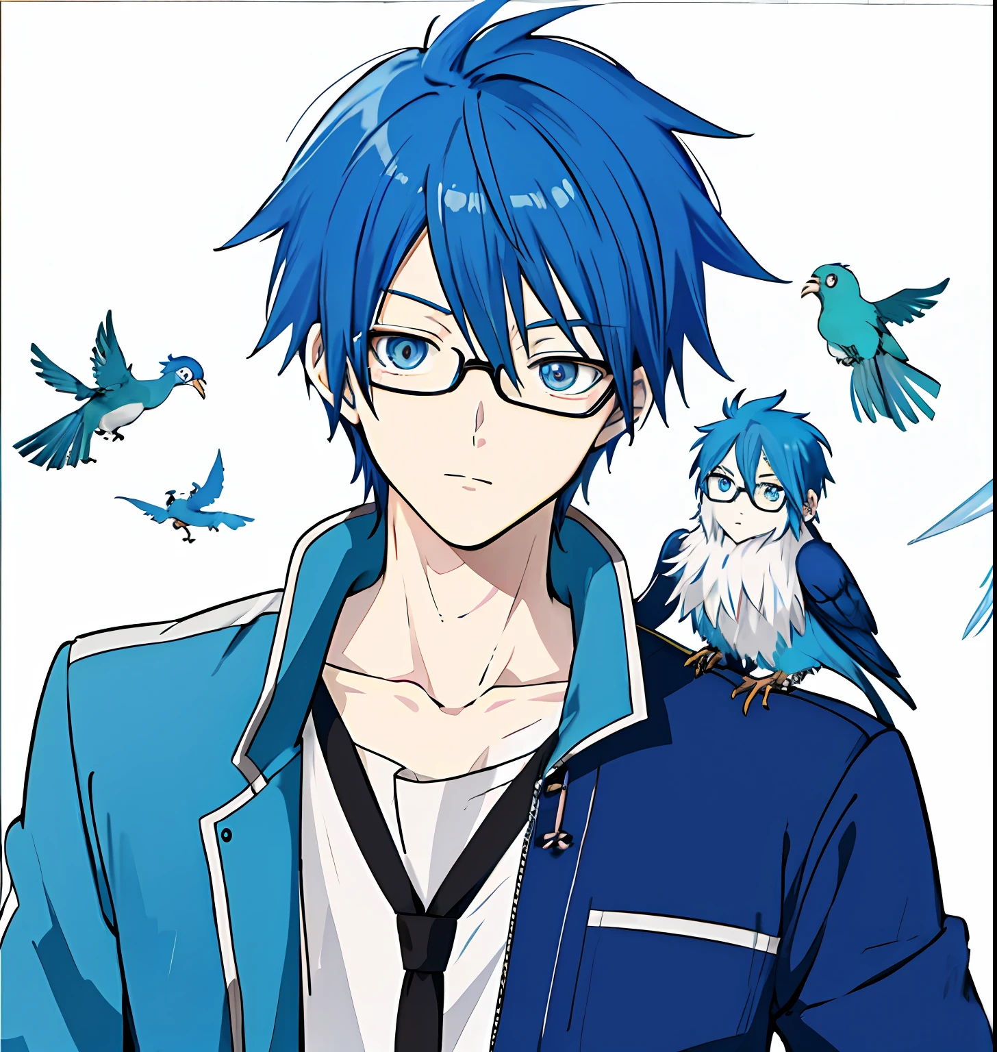 anime boy with blue hair and glasses holding a bird on his shoulder, 2 d anime style, 2 d anime, anime moe artstyle, tall anime guy with blue eyes, as an anime character, young anime man, inspired by Un'ichi Hiratsuka, 8k!, anime boy, made with anime painter studio, 2d from gorillaz