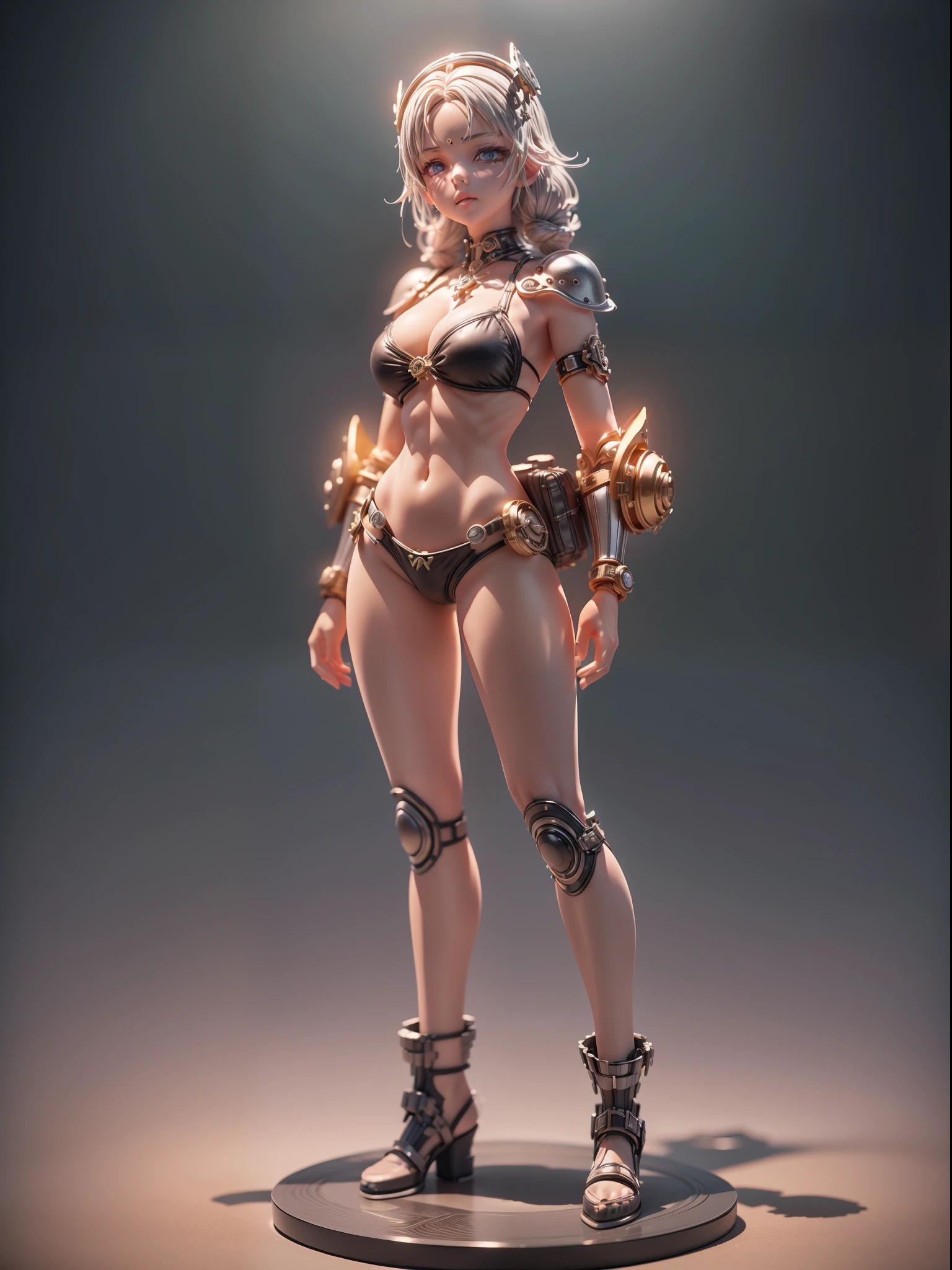 (Blind box toy style:1.2), (Full body shot) , (1 plastic woman)((solo)) Plastic bikini armor，steampunk style, dreamy glow, Clean background,black and silver style，(circular base） ( Global illumination, Ray traching, hdr, unreal render,reasonable design, high detal, Masterpiece, Best quality, hyper HD, Cinematic lighting)