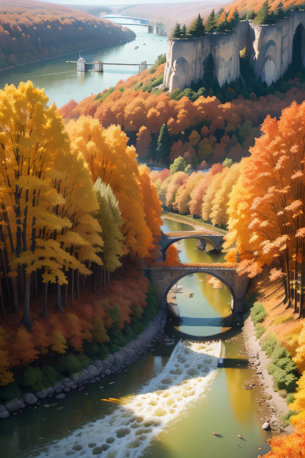 Maple forest deciduous map,Horizontal layout,A high resolution,best qualtiy,ultra - detailed,dynamic angle,afloat,Bustling cityscape,Complicated details,Historic buildings,Flowing rivers,vivd colour,Volumetriclighting,Crowded boats and bridges,Rich cultural background,Autumn has arrived