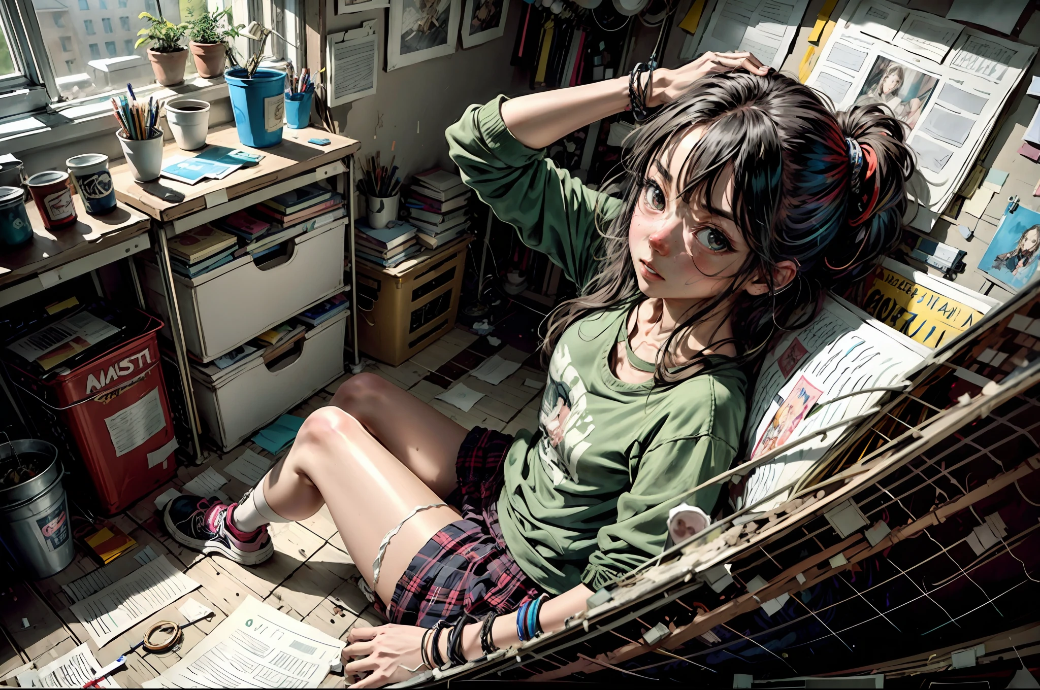 there is a drawing of a woman sitting in a messy room, in a bedroom, messy room, in a room, inside a messy room, in my bedroom, in her room, in an attic, chaotic teenage bedroom, sitting in her room, messy bedroom, cluttered room, ghostly teenager bedroom, in small room, dirty room, cluttered, a room, anime style, happy vibrant colors
