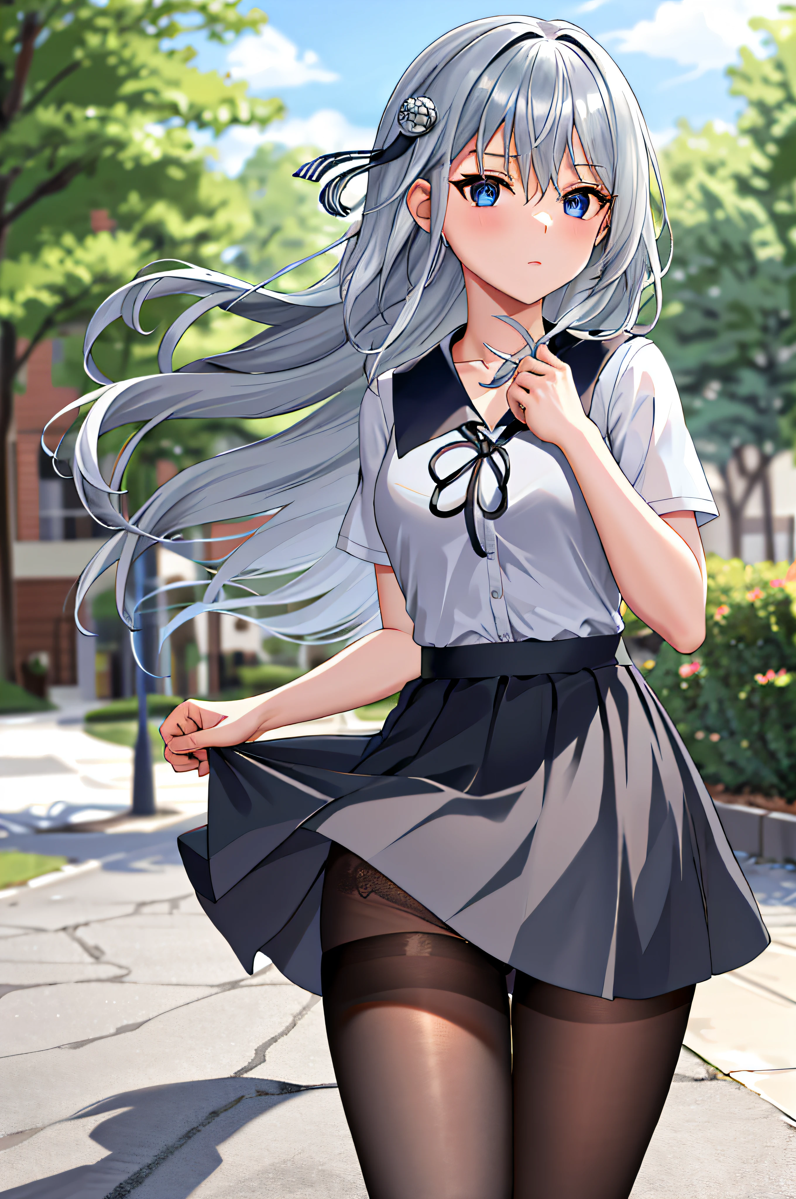 masterpiece, best quality, highres, kei1, 1girl, solo, blue eyes, long hair, social workshop uniform, short sleeves, ribbon, bangs, collarbone, gray hair, black skirt, adult appearance, anatomically correct body, hair ornament, black hair band, black pantyhose, neck ribbon, hair between eyes, medium breasts, sailor collar, back, outdoors, (wind: 1.4), panties: 1.3)
