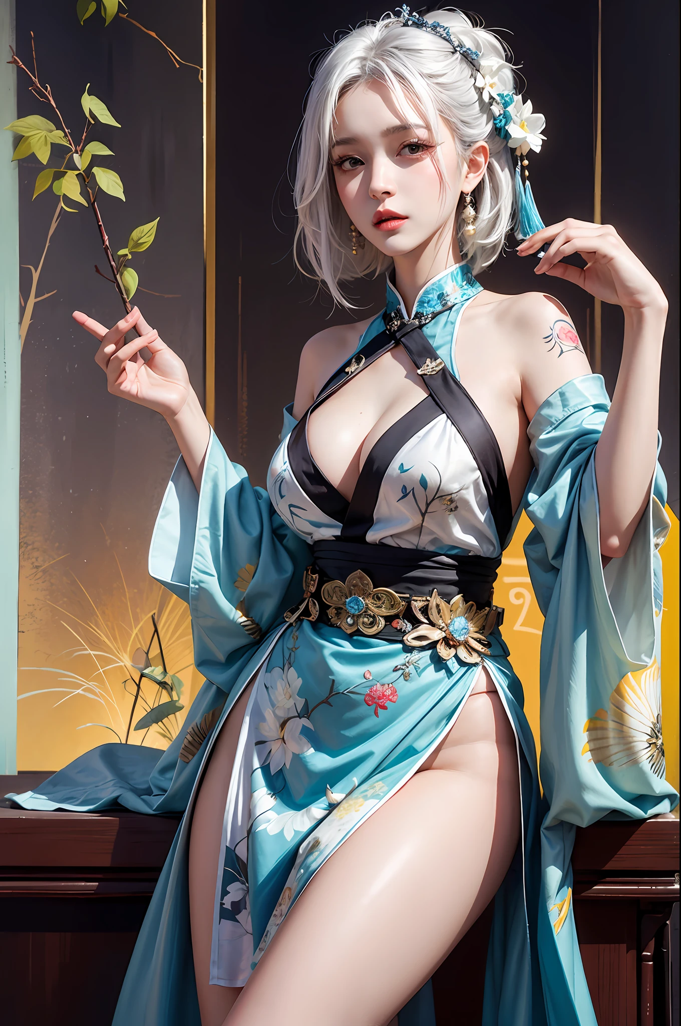 photorealistic, high resolution, 1women, solo, hips up, look at viewer, (detailed face), white hair, colorful hanfu, full clothes, tattoo, chinese architectures, jewelry