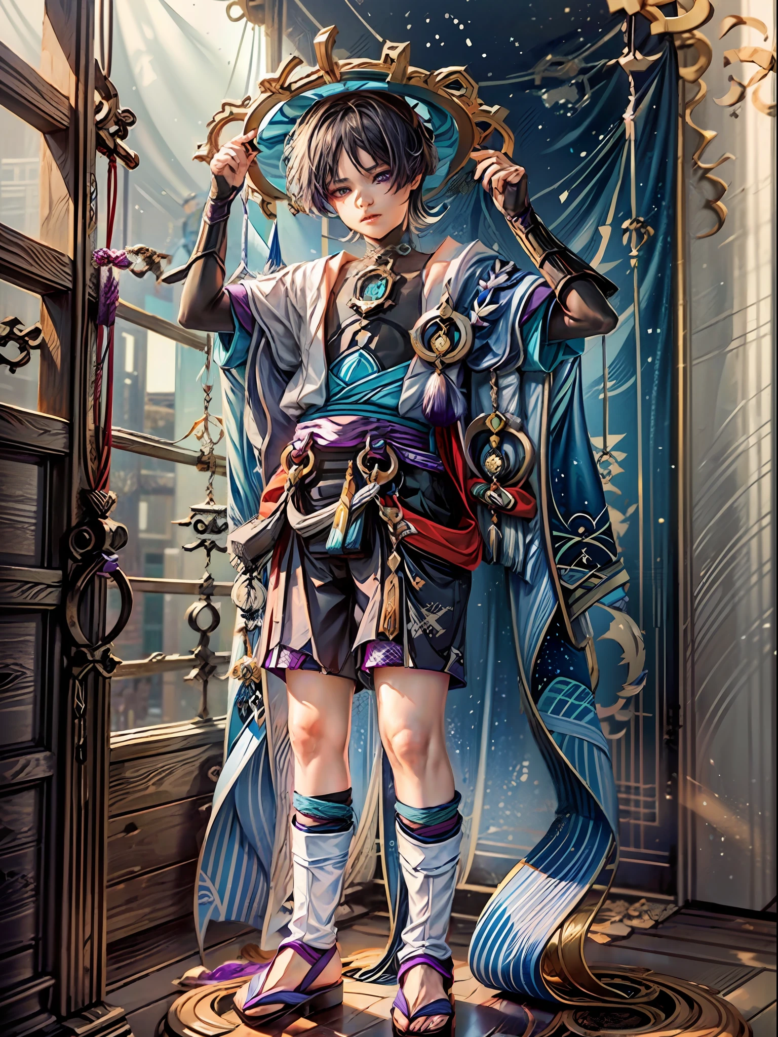 (Blind box toy style:1.2), ((Full body shot:1.4)) ((anatomy correct)),((1boy, solo)),(masterpiece:1.3), head up angle,high quality, (SOLO:1.4), whole body, (((scaramouche,genshin impact))), masterpiece, best quality,((wanderer:1.2)), 1boy, male focus, solo, outdoors, standing, hand on headwear, vest,((circular base:1.5))(Global illumination, Ray traching, hdr, unreal render,reasonable design, high detal, Masterpiece, Best quality, hyper HD, Cinematic lighting)